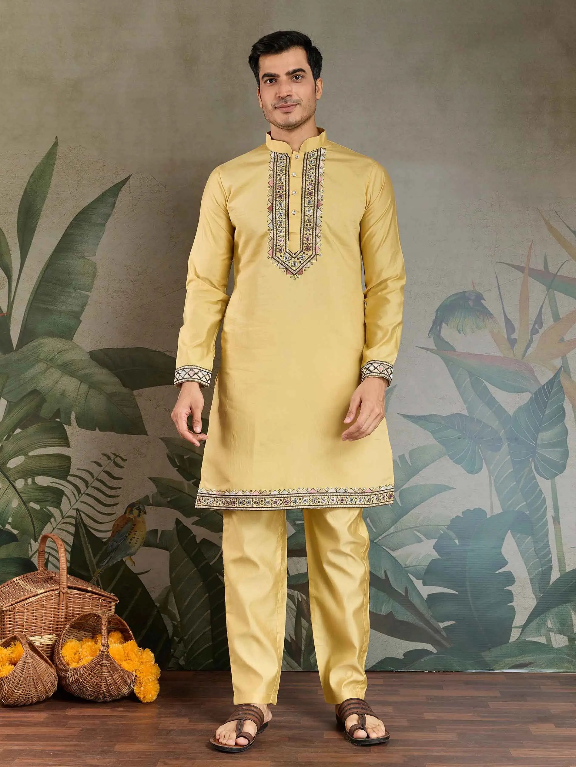 Yellow Wedding Wear Silk Kurta With Thread Sequins Embroidery Work Koti(Jacket)