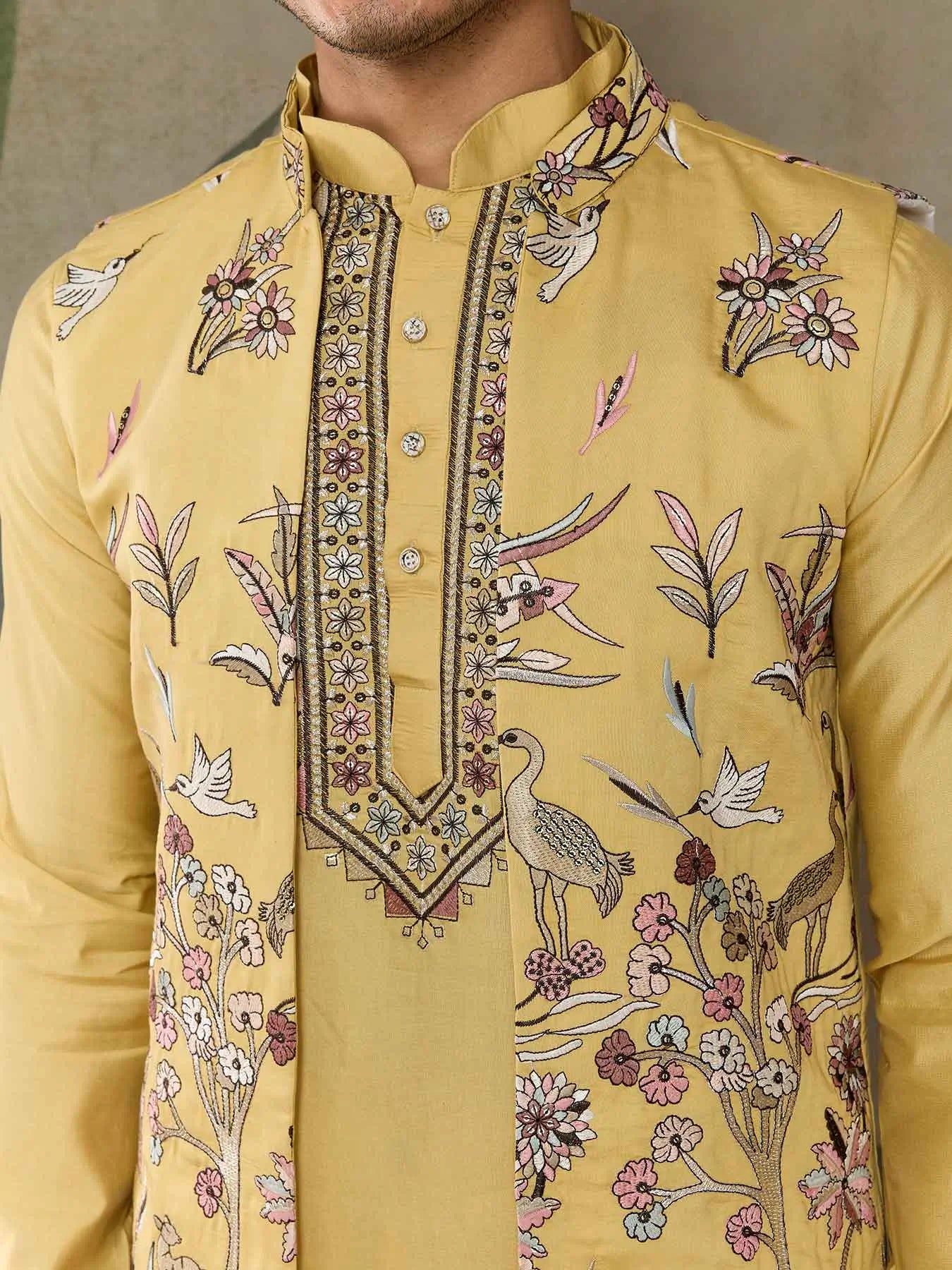 Yellow Wedding Wear Silk Kurta With Thread Sequins Embroidery Work Koti(Jacket) - qivii