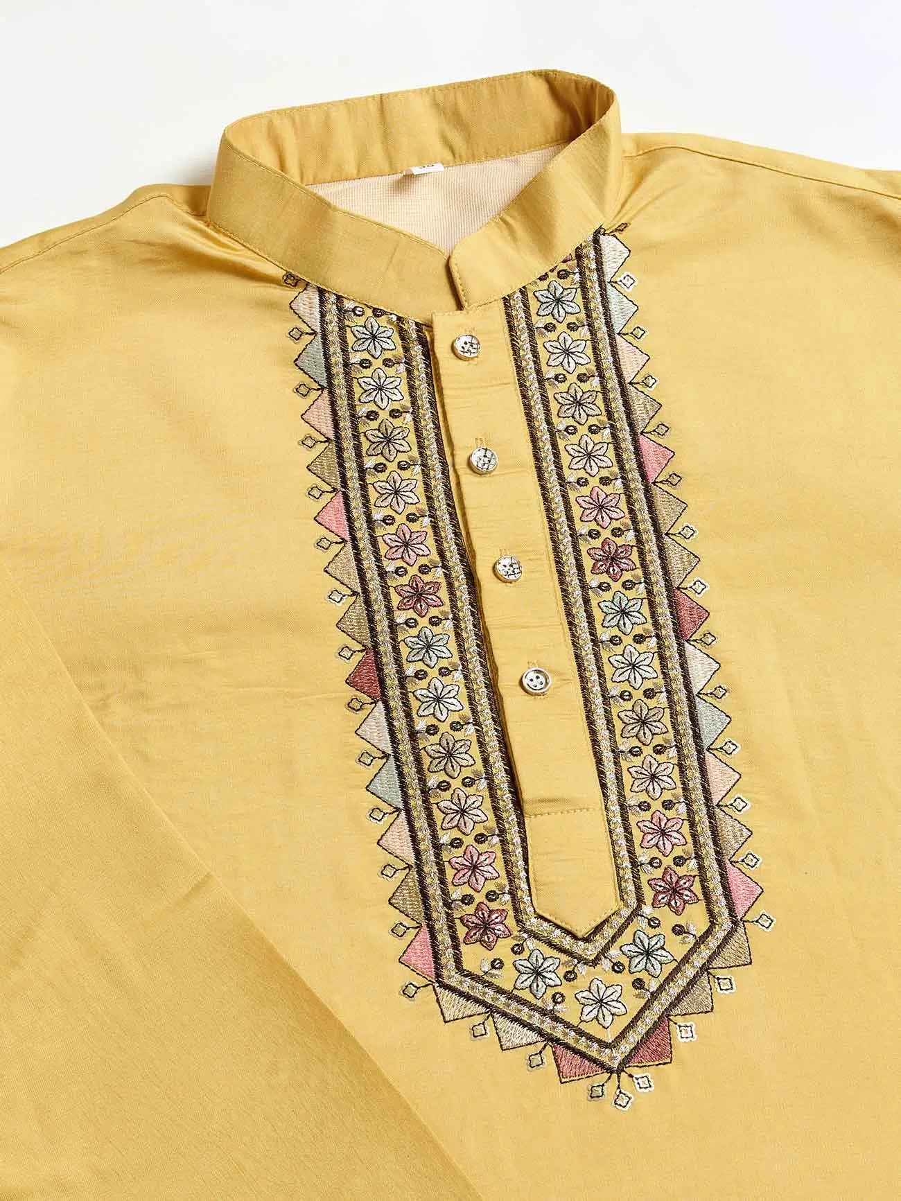 Yellow Wedding Wear Silk Kurta With Thread Sequins Embroidery Work Koti(Jacket) - qivii