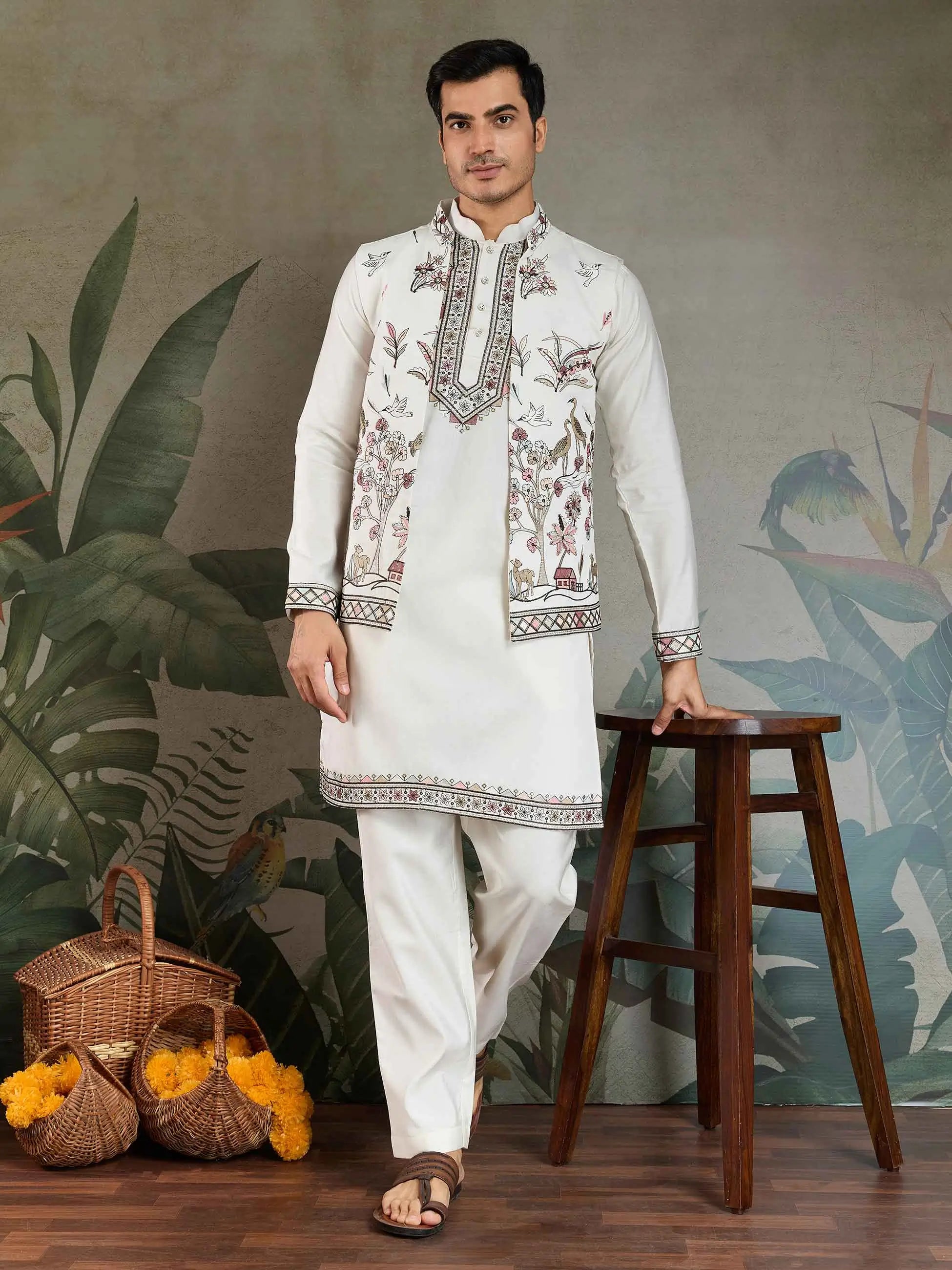 White Thread Sequins Embroidery Work Wedding Wear Silk Kurta And Jacket - qivii