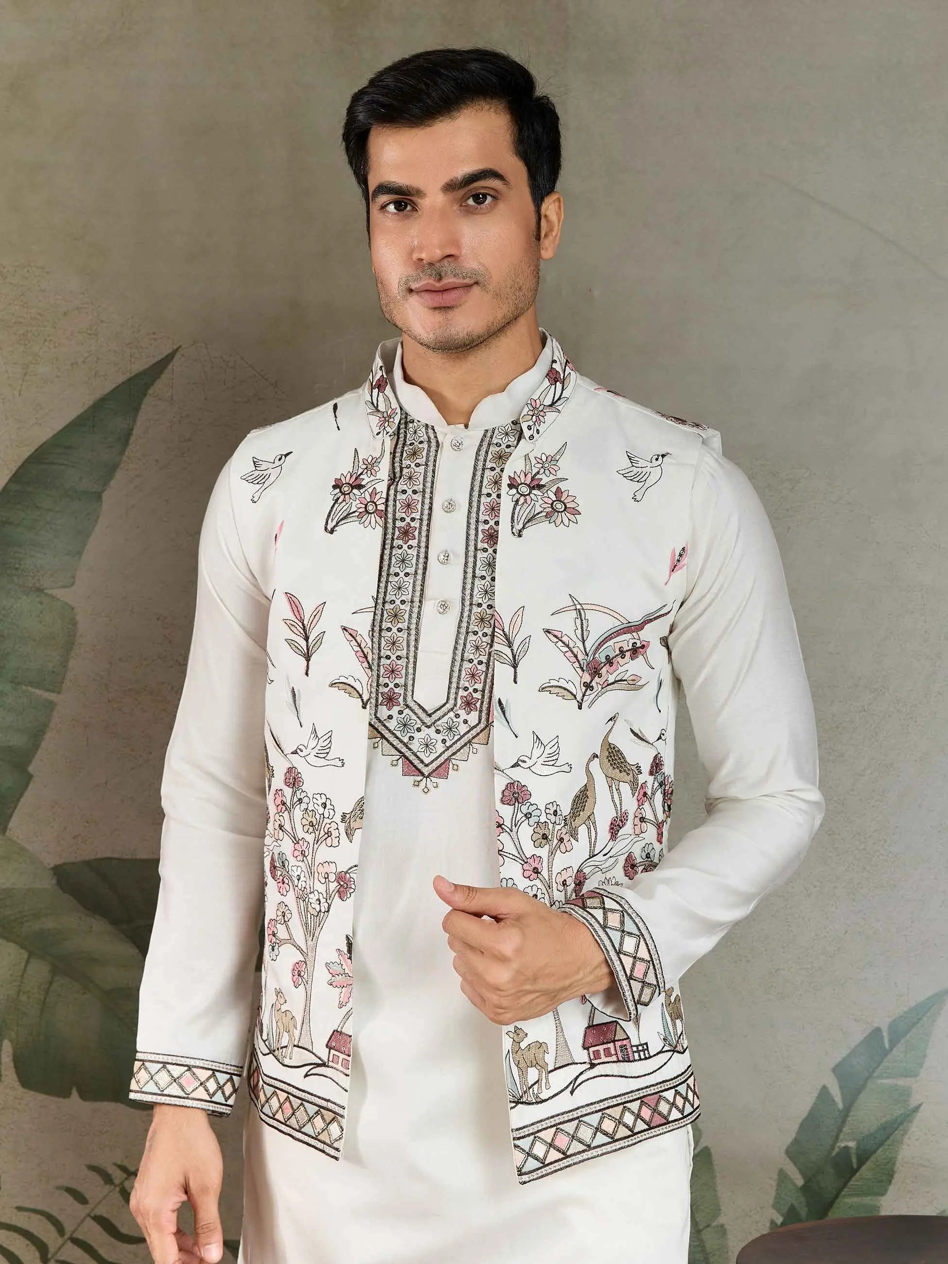 White Thread Sequins Embroidery Work Wedding Wear Silk Kurta And Jacket - qivii