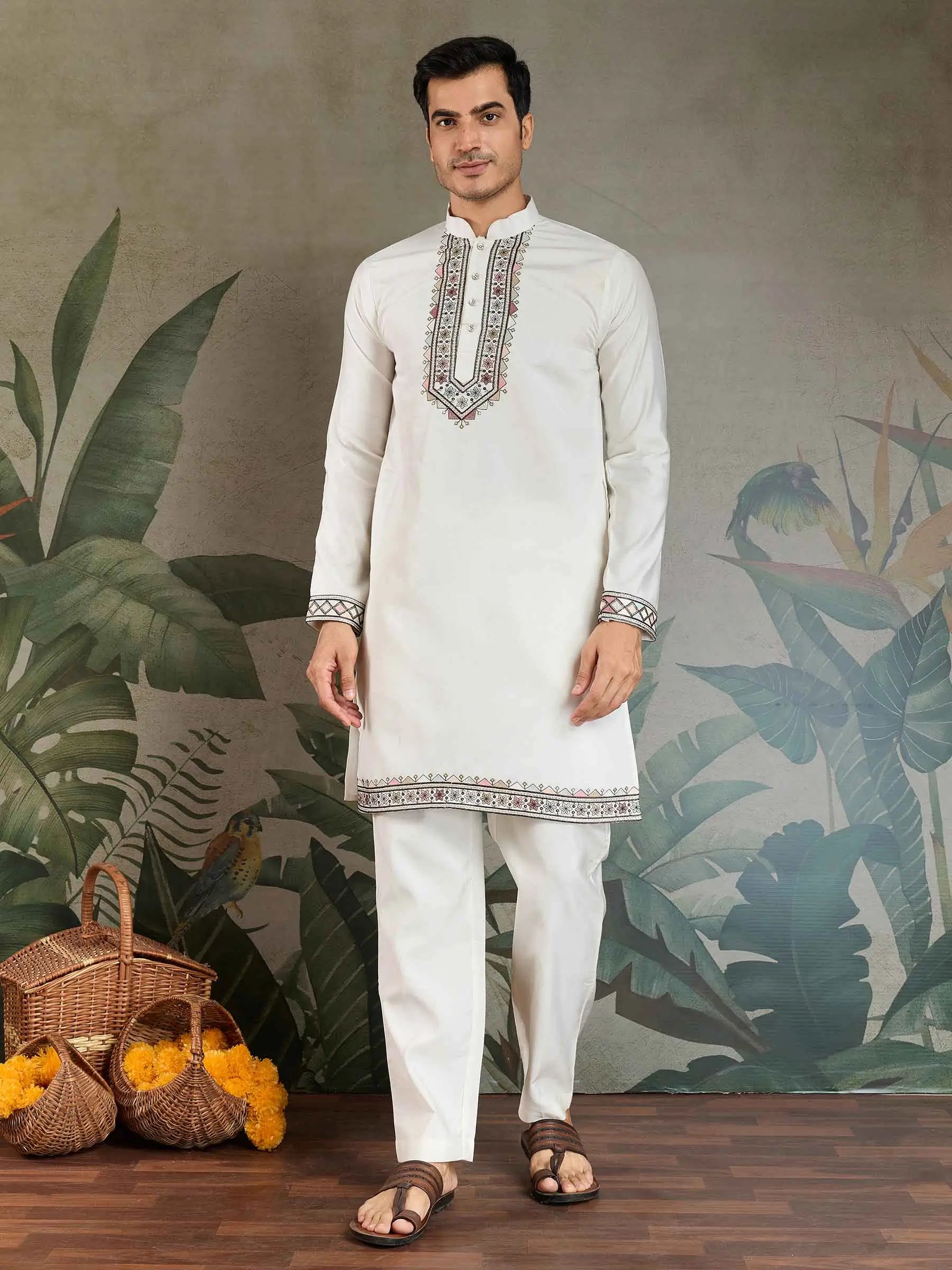 White Thread Sequins Embroidery Work Wedding Wear Silk Kurta And Jacket - qivii