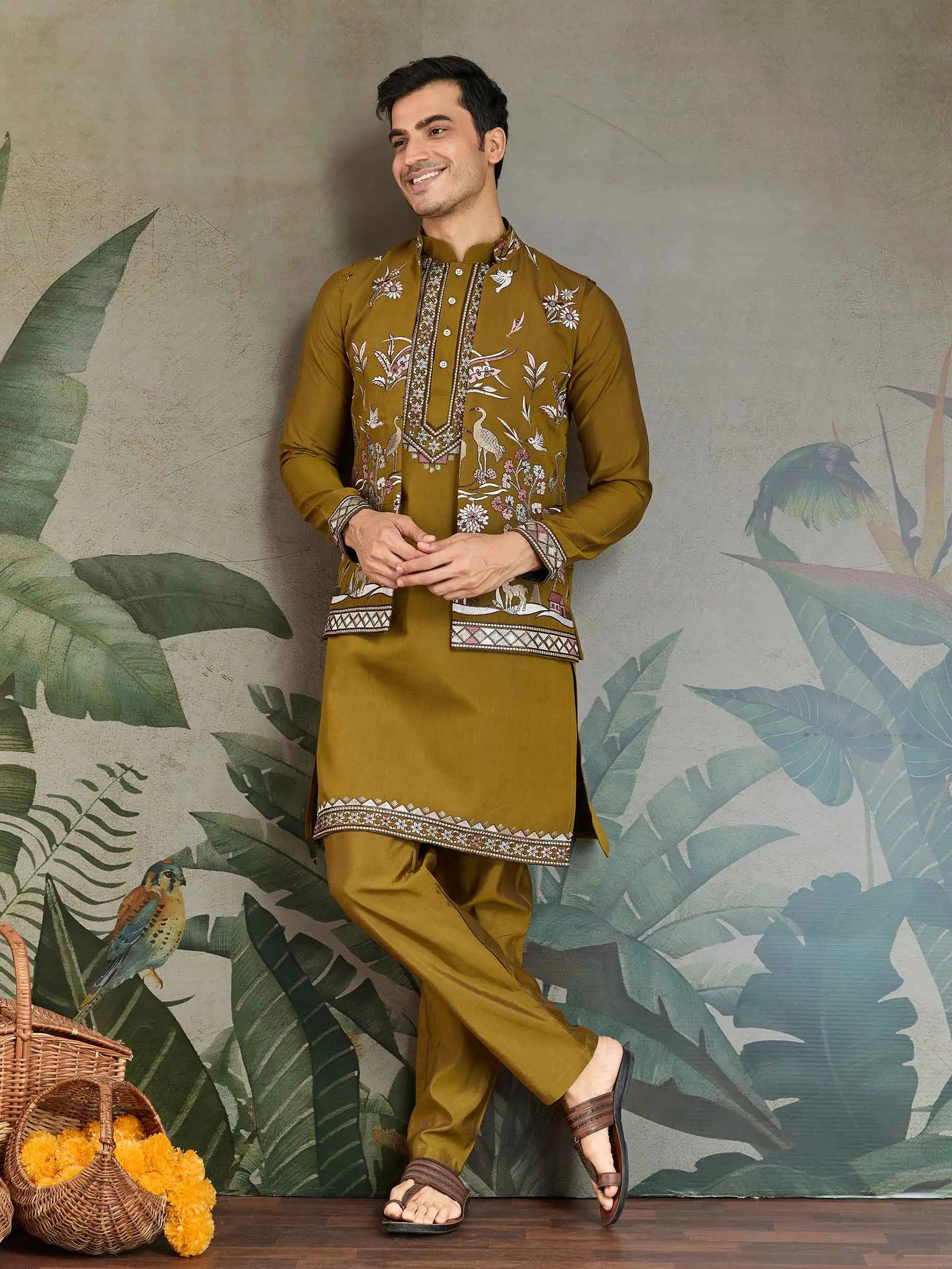Golden Olive Silk Kurta Set With Thread Sequins Embroidery Work Koti(Jacket) - qivii