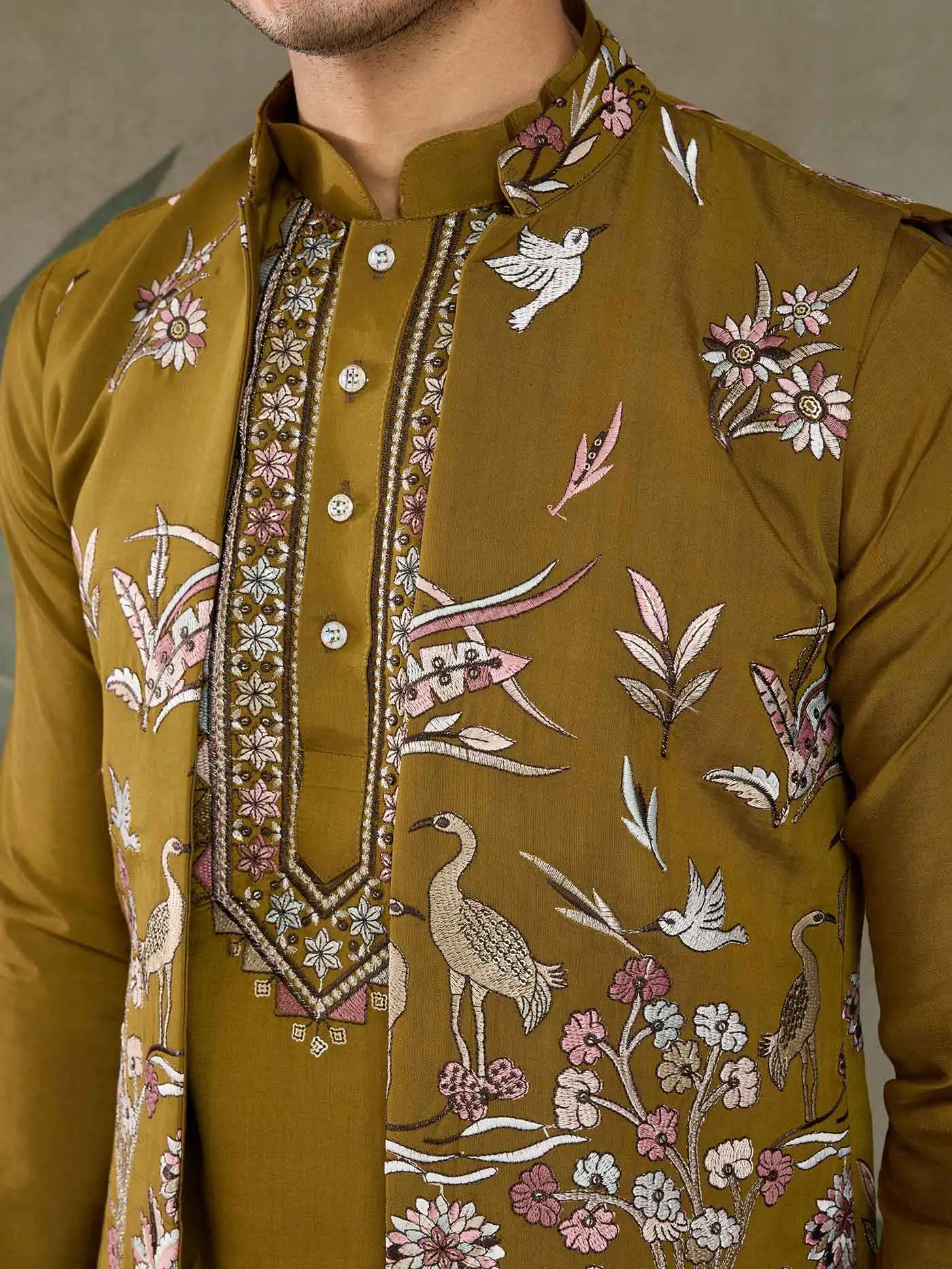 Golden Olive Silk Kurta Set With Thread Sequins Embroidery Work Koti(Jacket) - qivii