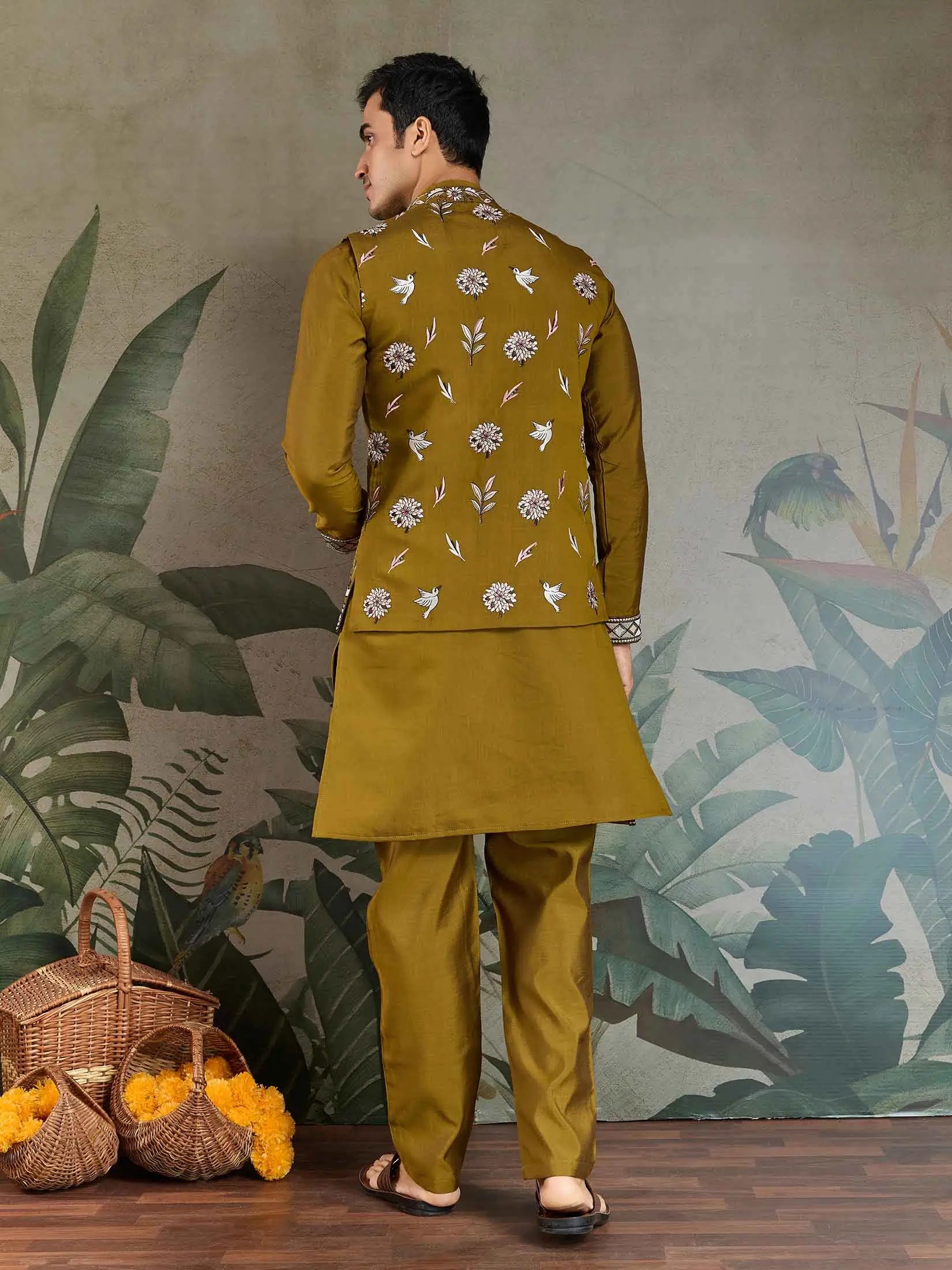 Golden Olive Silk Kurta Set With Thread Sequins Embroidery Work Koti(Jacket) - qivii