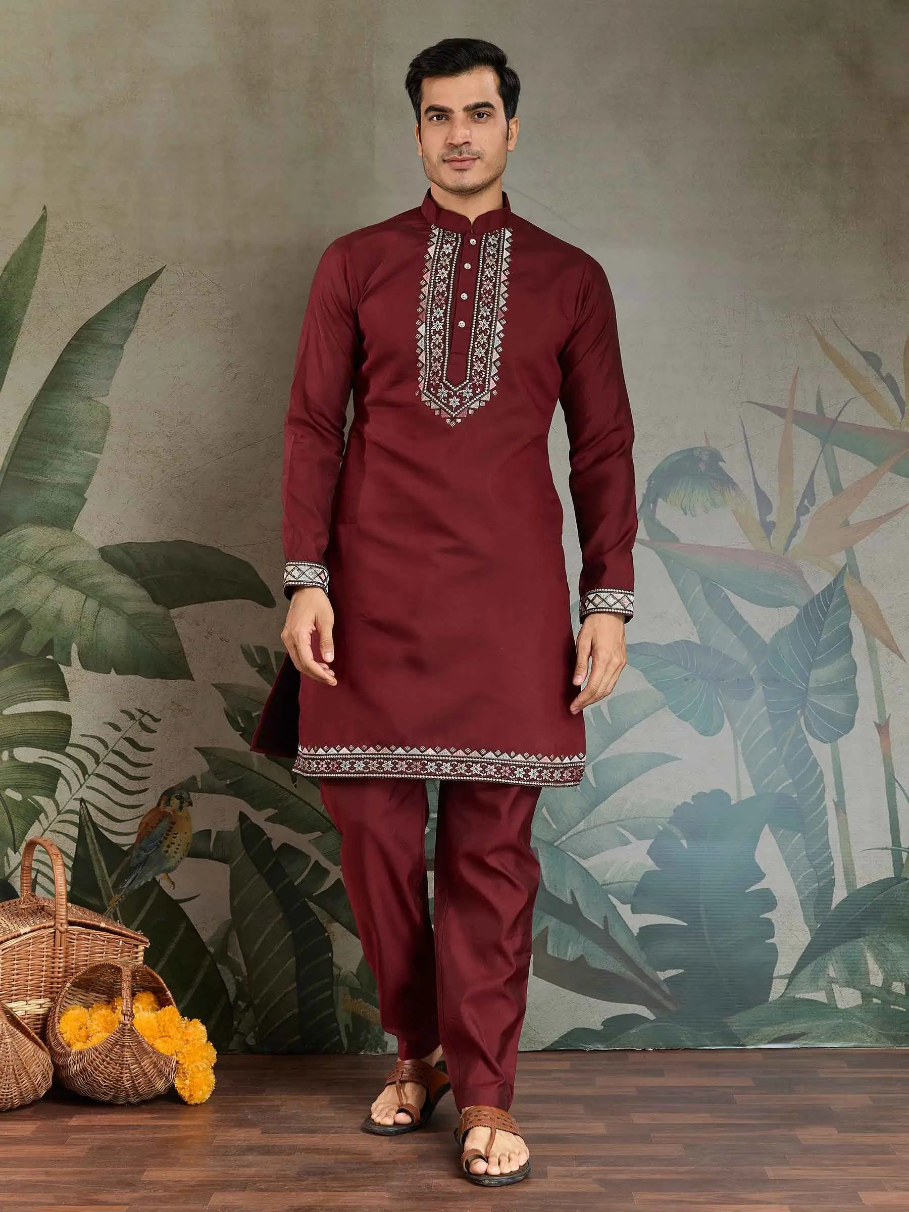 Maroon Wedding Wear Thread Sequins Embroidery Work Kurta And Koti(Jacket) - qivii