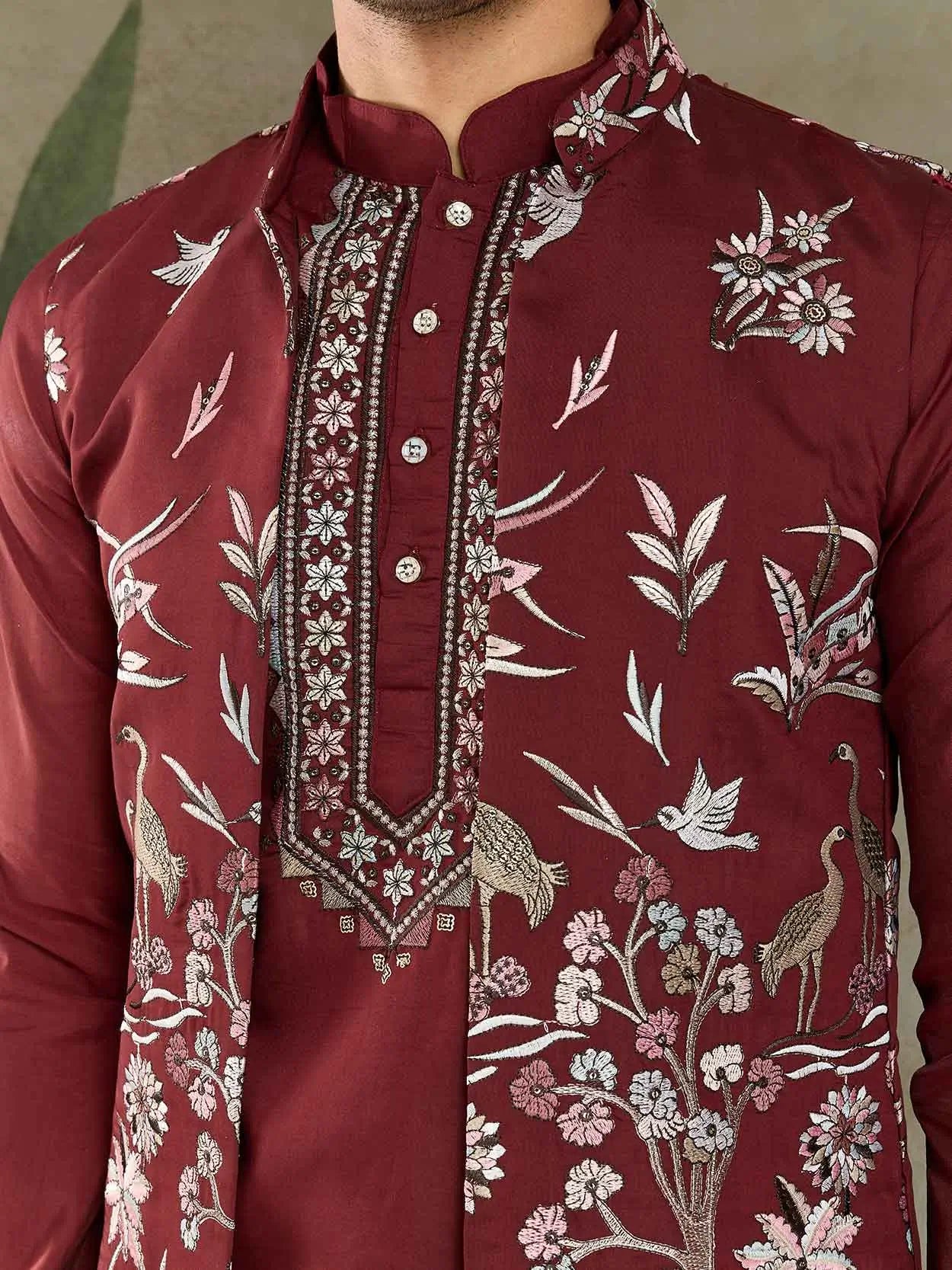 Maroon Wedding Wear Thread Sequins Embroidery Work Kurta And Koti(Jacket) - qivii