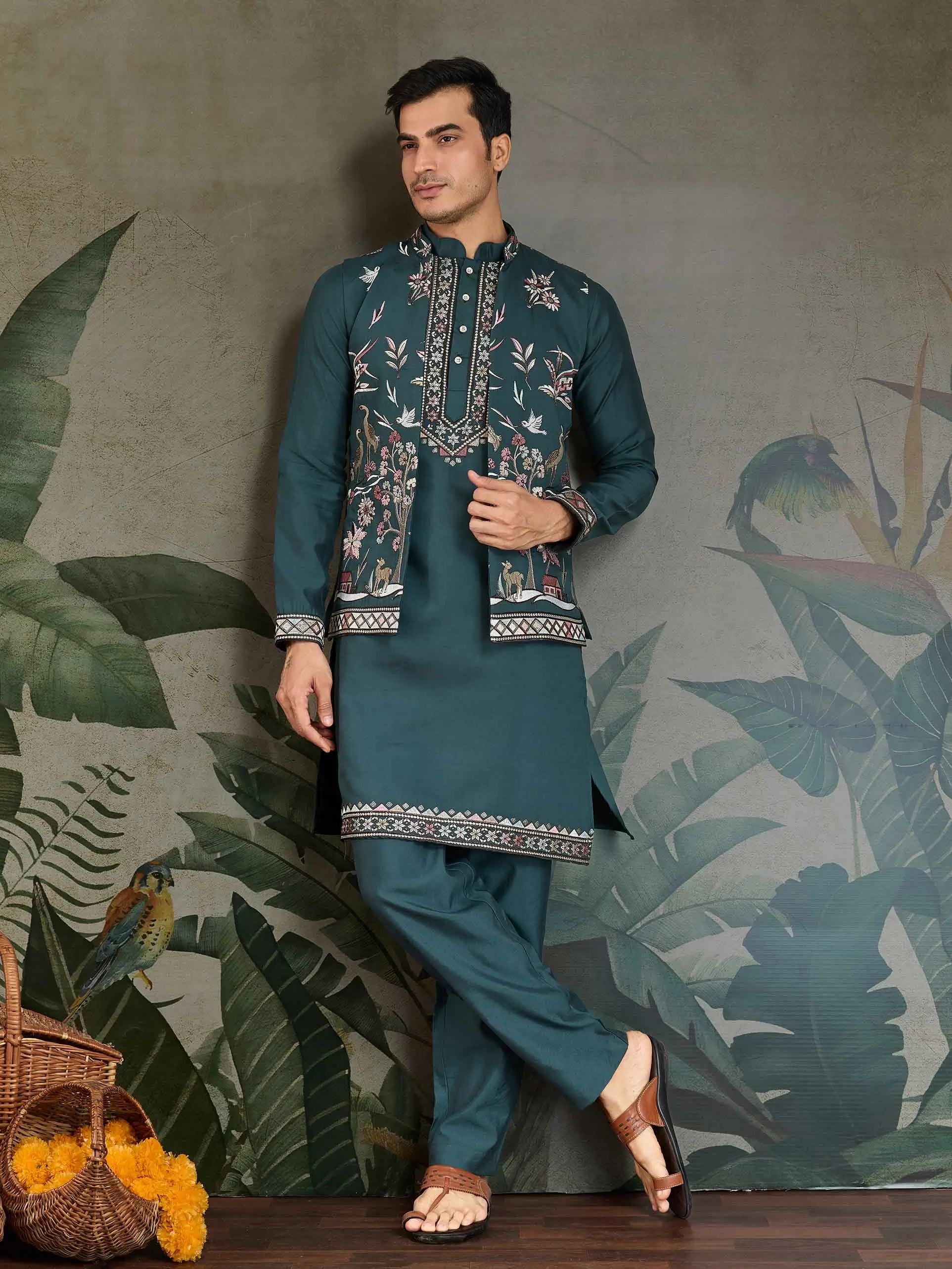 Mineral Green Wedding Wear Kurta With Thread Sequins Embroidery Work Jacket