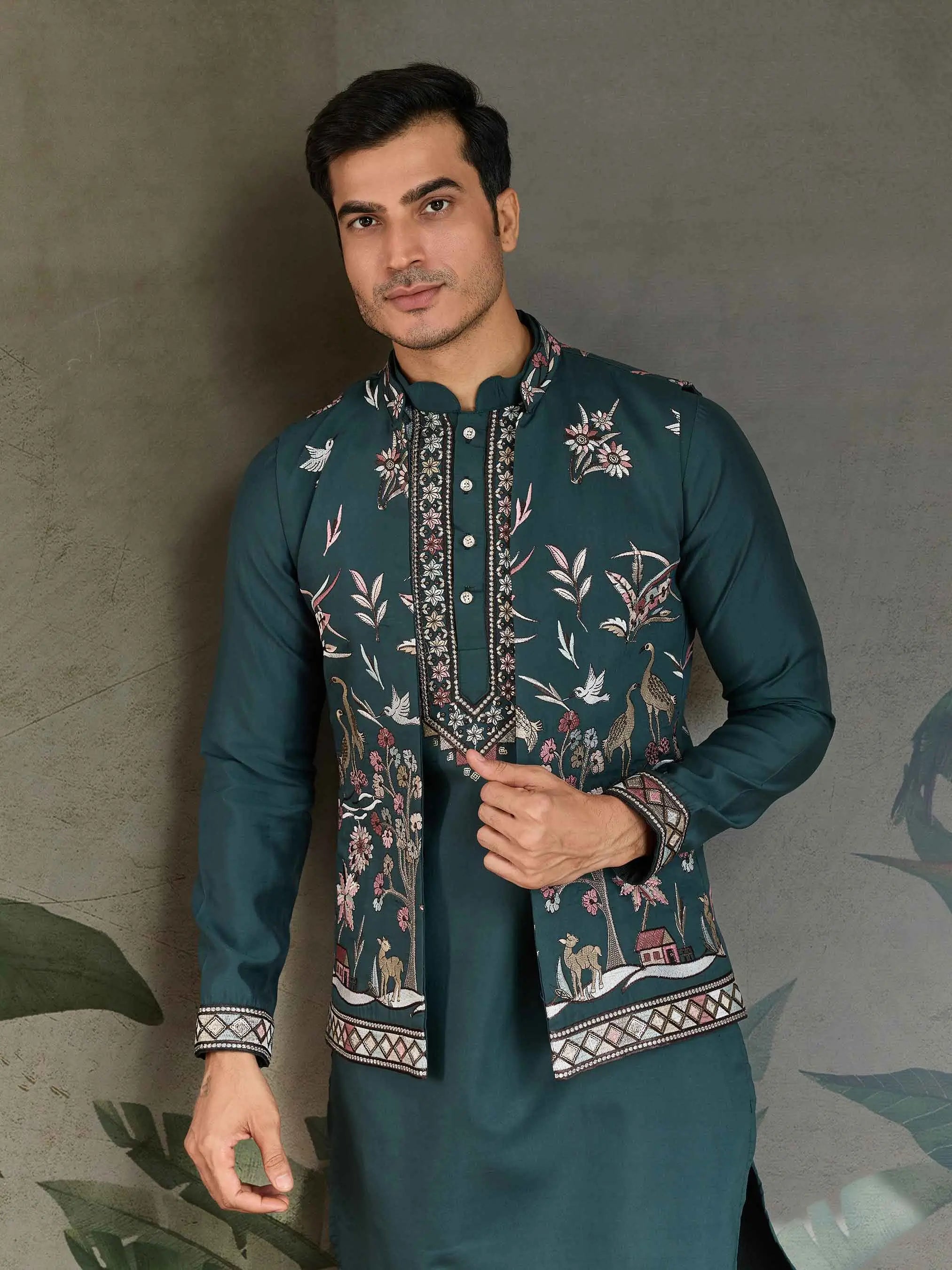 Mineral Green Wedding Wear Kurta With Thread Sequins Embroidery Work Jacket - qivii