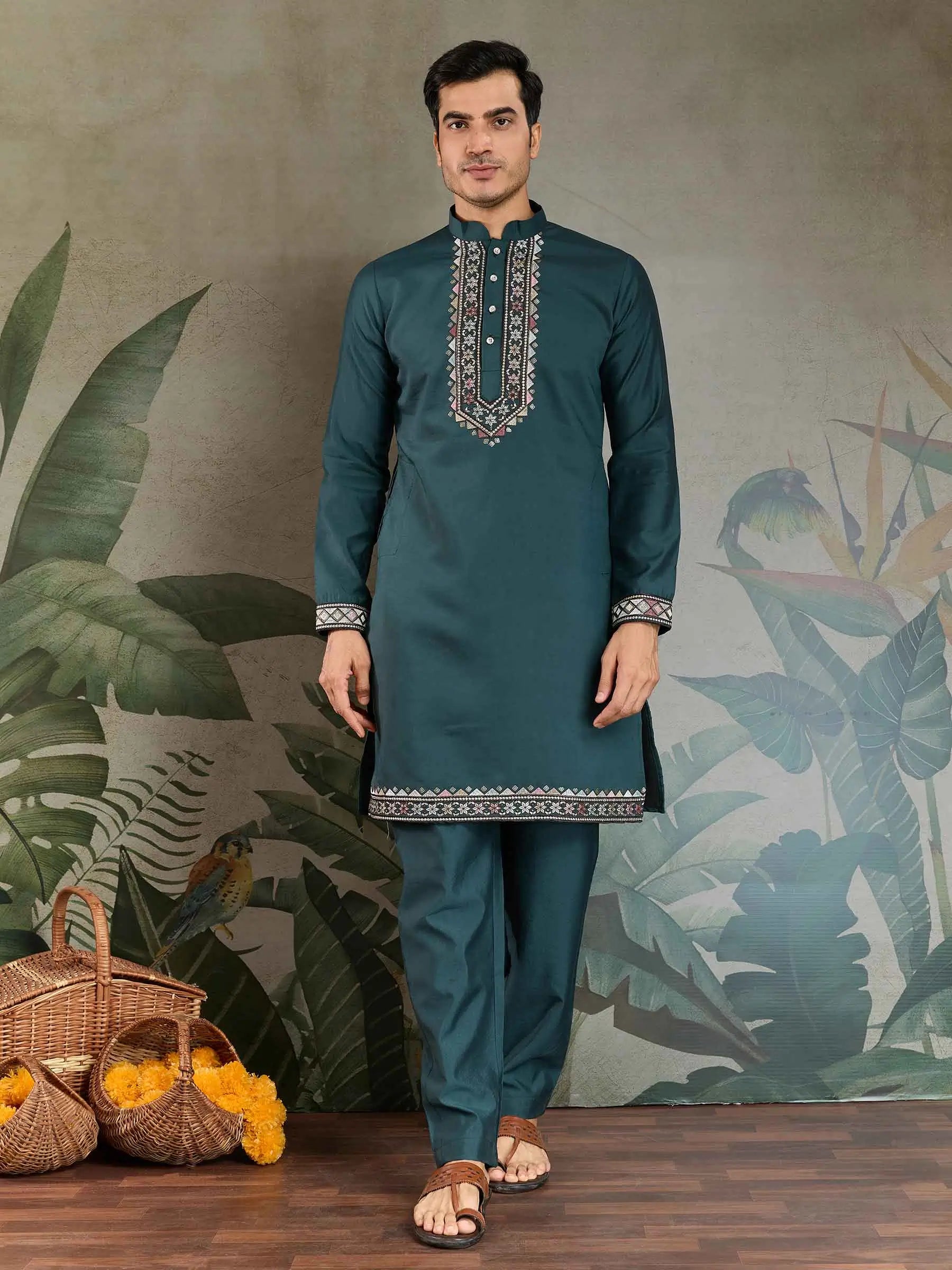 Mineral Green Wedding Wear Kurta With Thread Sequins Embroidery Work Jacket - qivii