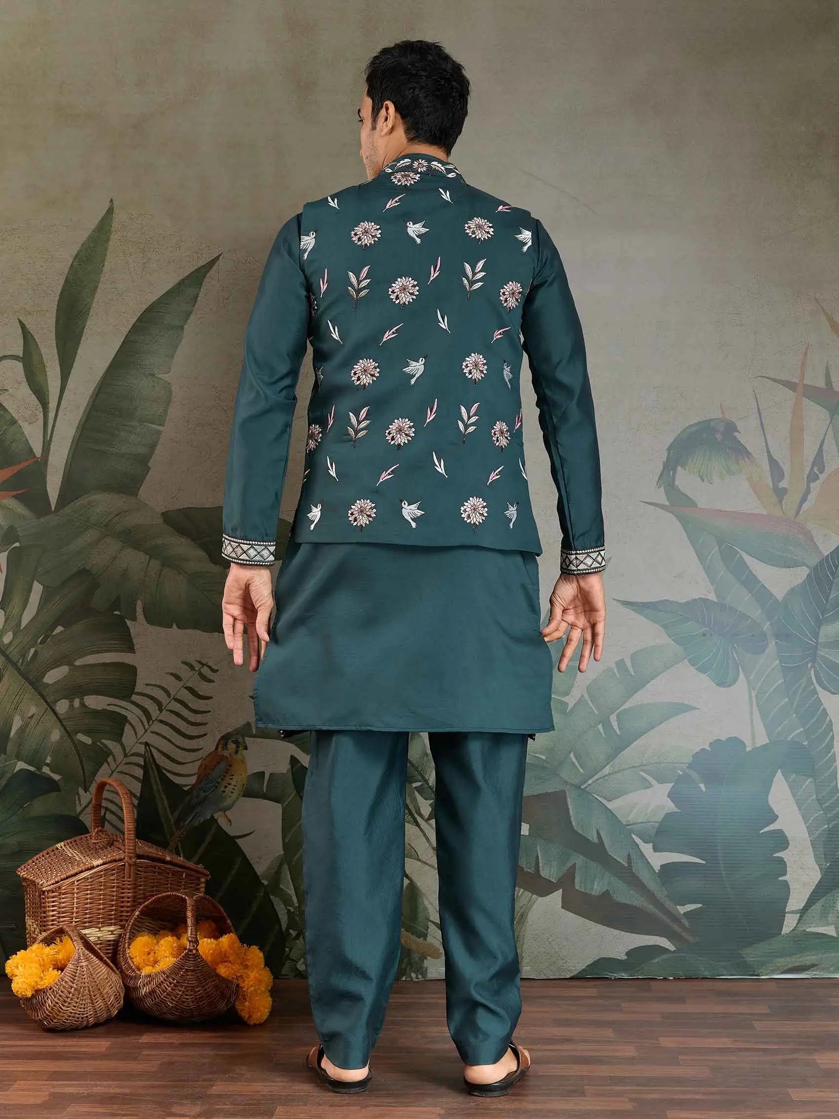 Mineral Green Wedding Wear Kurta With Thread Sequins Embroidery Work Jacket - qivii