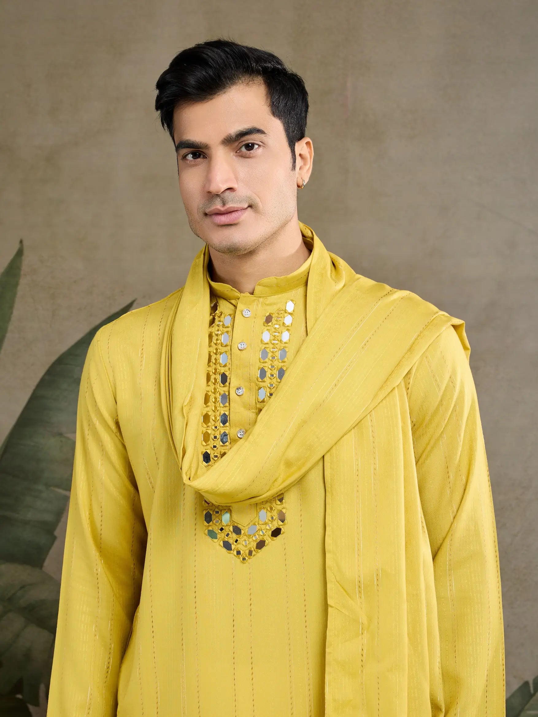 Yellow Jari & Mirror Work Kurta Set With Pant & Dupatta - qivii