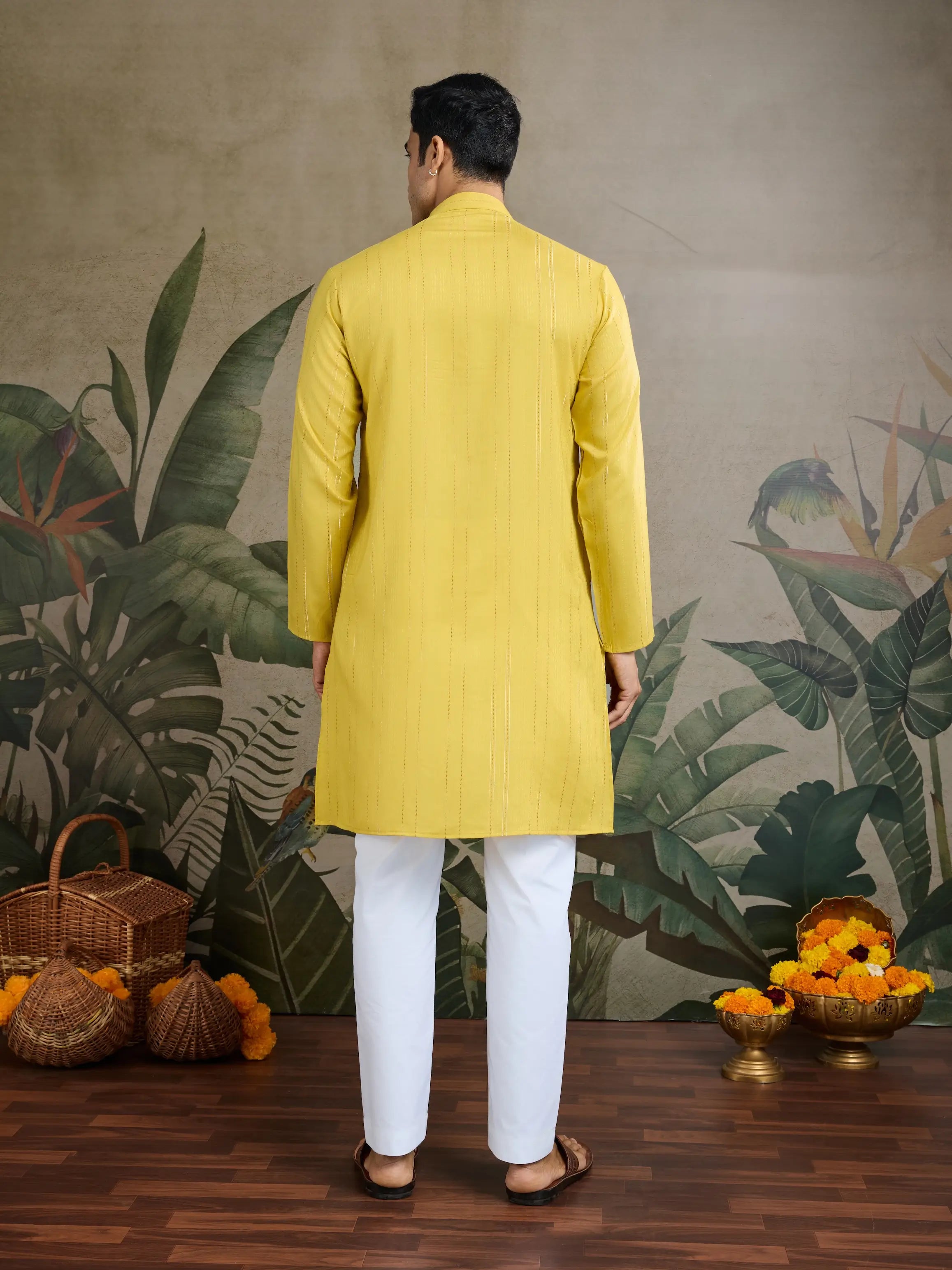 Yellow Jari & Mirror Work Kurta Set With Pant & Dupatta - qivii