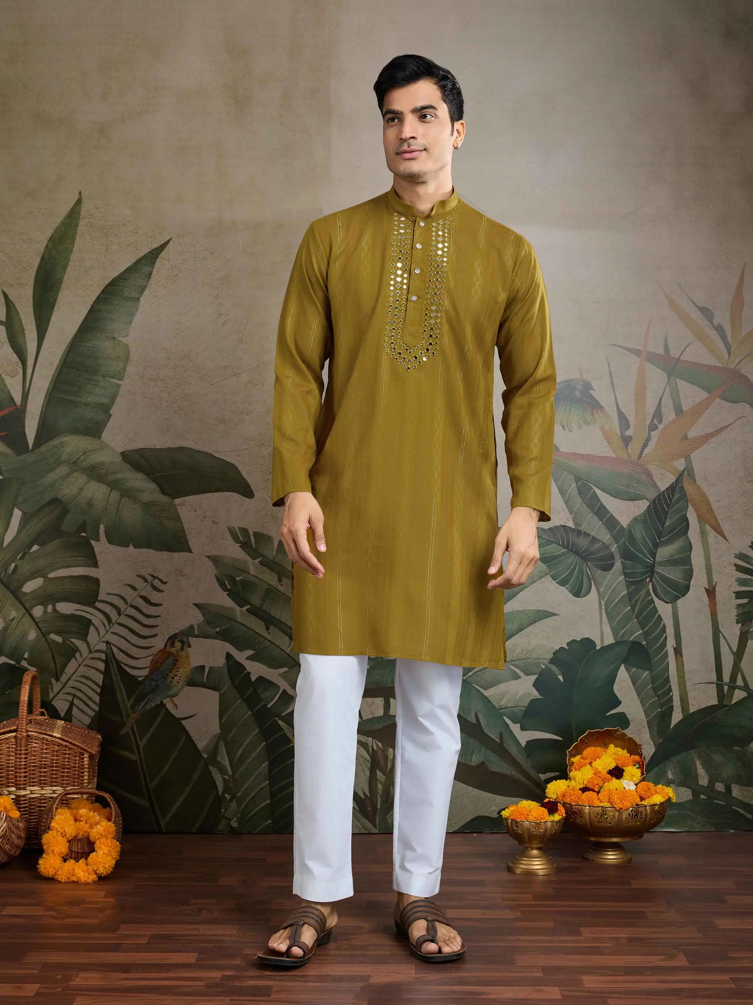 Rust Yellow Mirror Work And Zari Work Rayon Kurta & Dupatta With Pant - qivii