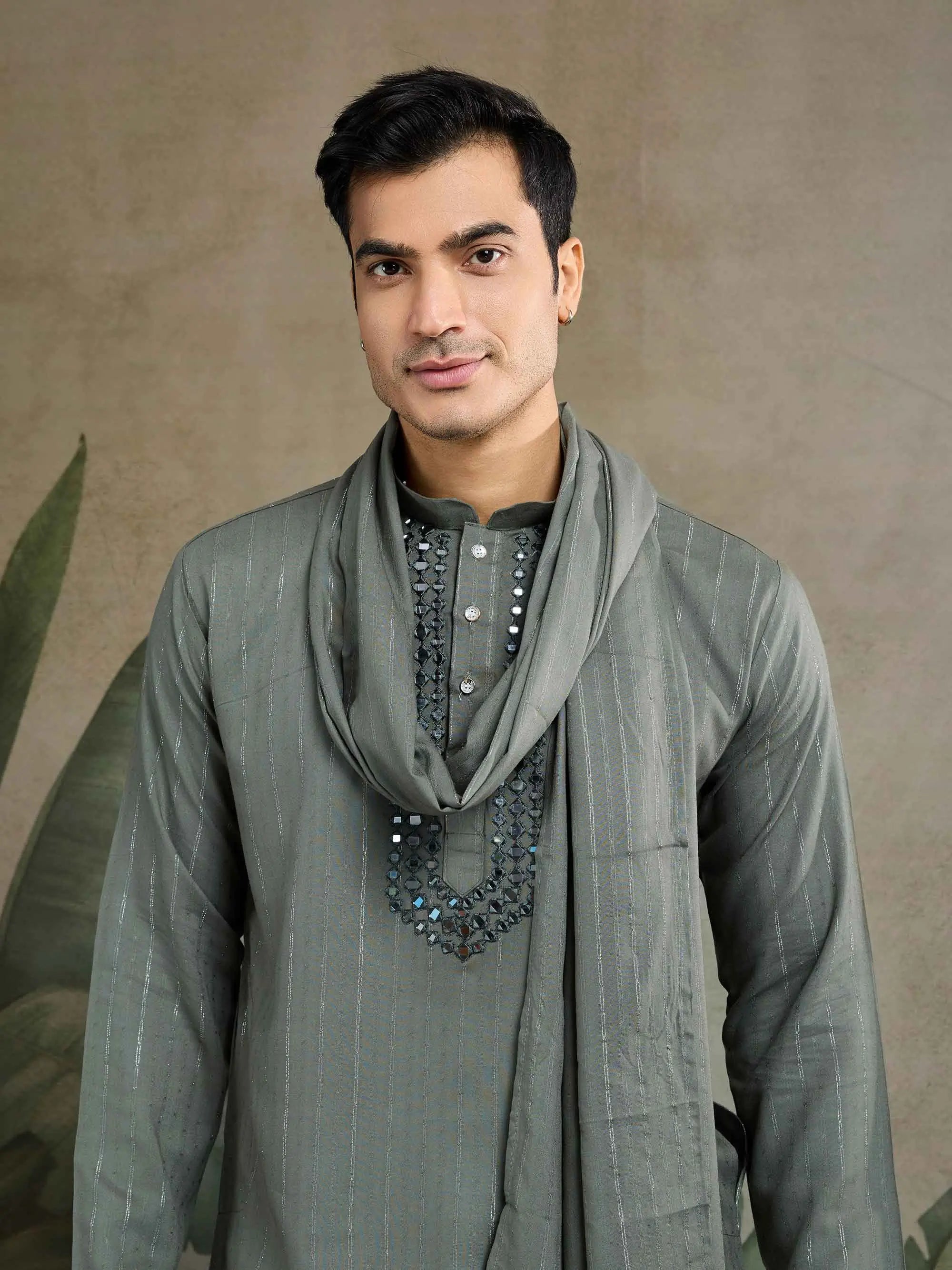 Rust Green Mirror Work And Zari Work Rayon Kurta & Dupatta With Pant - qivii