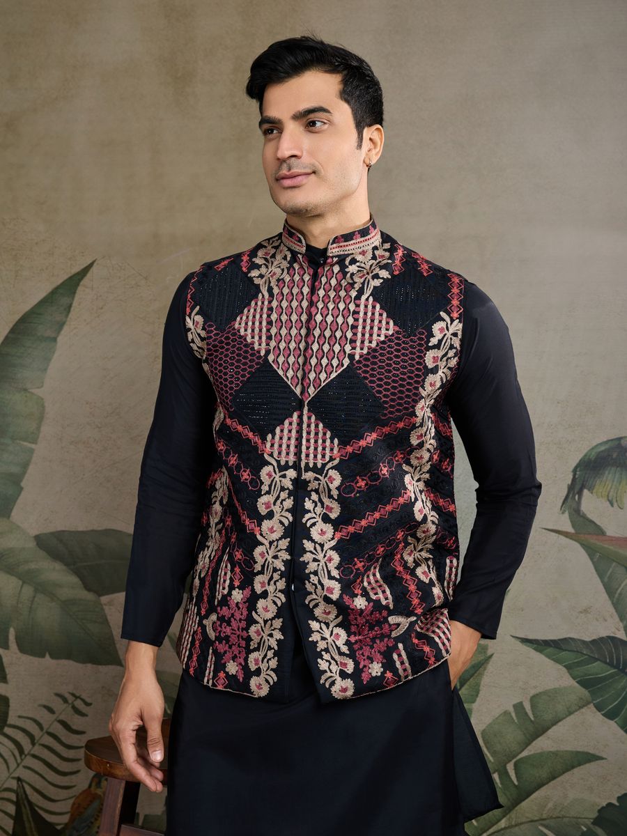 BLACK VISCOSE SILK THREAD & SWAROVSKI EMBOIDERED WORK KURTA KOTI - qivii