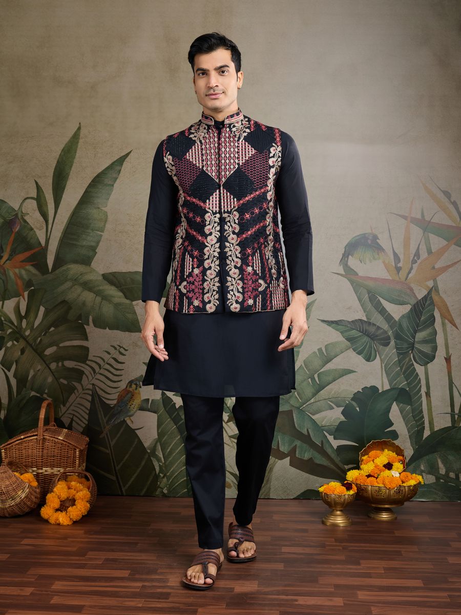 BLACK VISCOSE SILK THREAD & SWAROVSKI EMBOIDERED WORK KURTA KOTI - qivii
