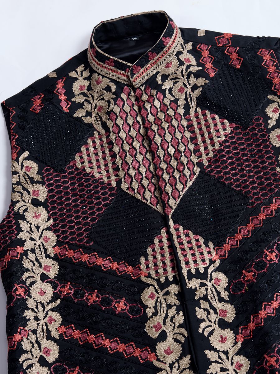 BLACK VISCOSE SILK THREAD & SWAROVSKI EMBOIDERED WORK KURTA KOTI - qivii