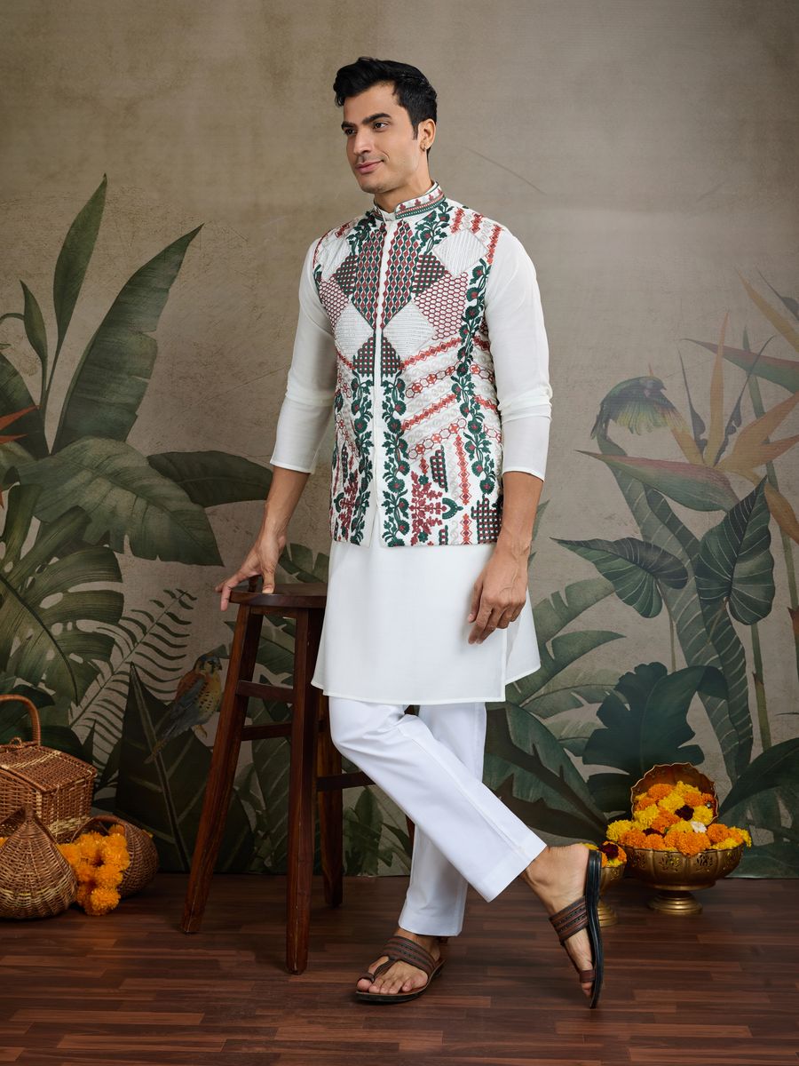 WHITE VISCOSE SILK THREAD & SWAROVSKI EMBOIDERED WORK KURTA KOTI - qivii