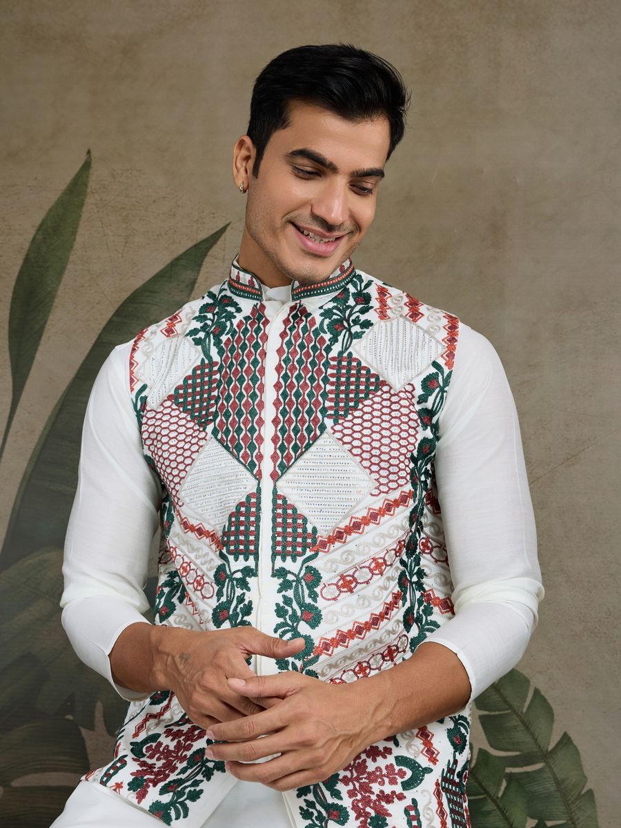 WHITE VISCOSE SILK THREAD & SWAROVSKI EMBOIDERED WORK KURTA KOTI - qivii