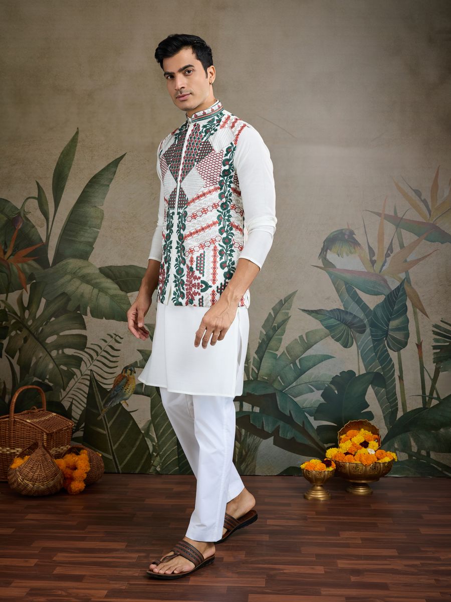 WHITE VISCOSE SILK THREAD & SWAROVSKI EMBOIDERED WORK KURTA KOTI - qivii