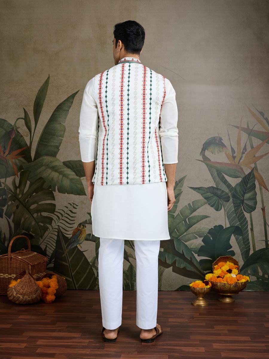 WHITE VISCOSE SILK THREAD & SWAROVSKI EMBOIDERED WORK KURTA KOTI - qivii