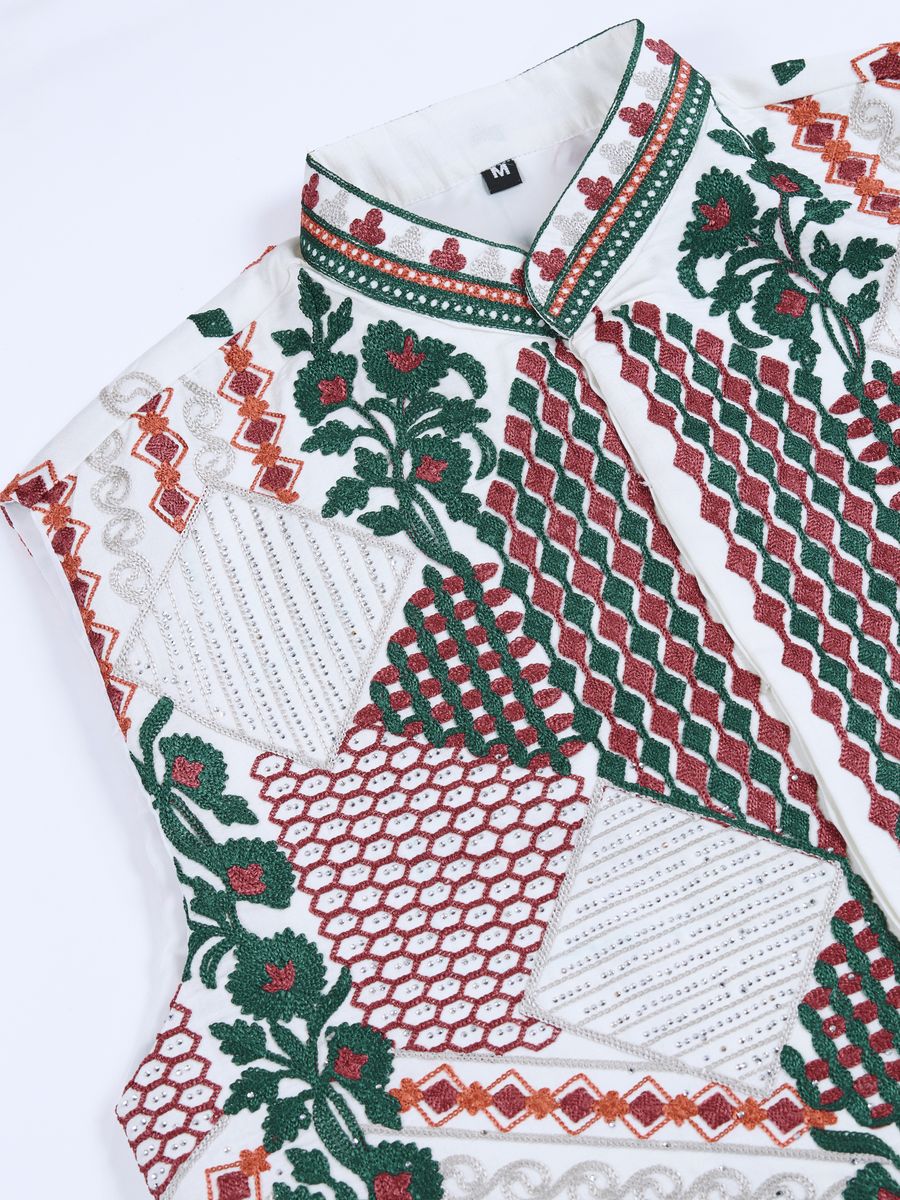 WHITE VISCOSE SILK THREAD & SWAROVSKI EMBOIDERED WORK KURTA KOTI - qivii