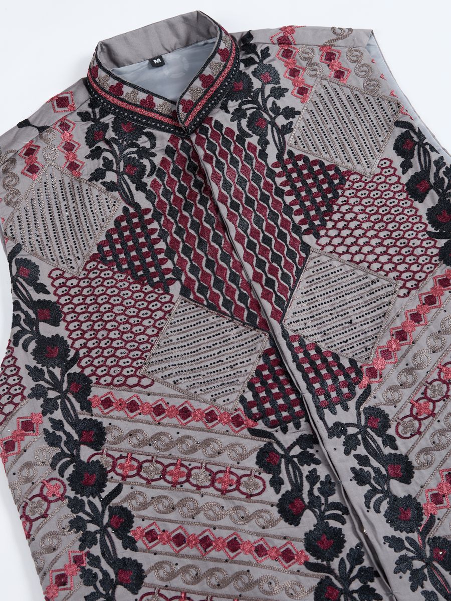 GREY VISCOSE SILK THREAD & SWAROVSKI EMBOIDERED WORK KURTA KOTI - qivii