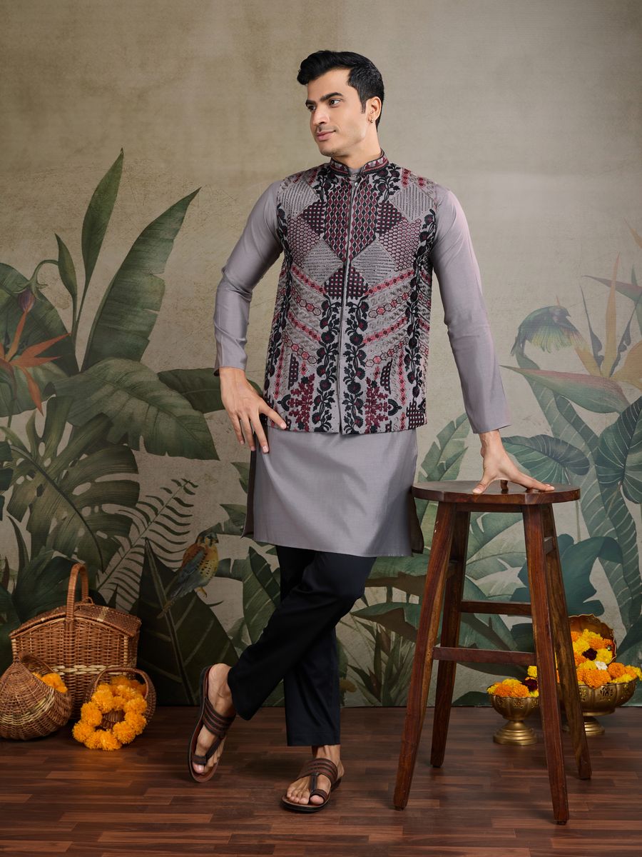 GREY VISCOSE SILK THREAD & SWAROVSKI EMBOIDERED WORK KURTA KOTI - qivii