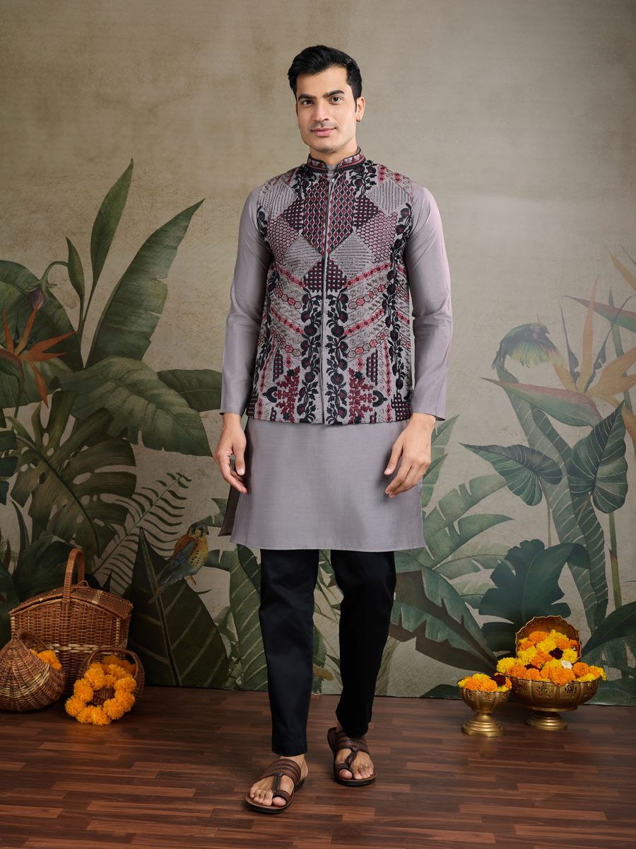 GREY VISCOSE SILK THREAD & SWAROVSKI EMBOIDERED WORK KURTA KOTI - qivii