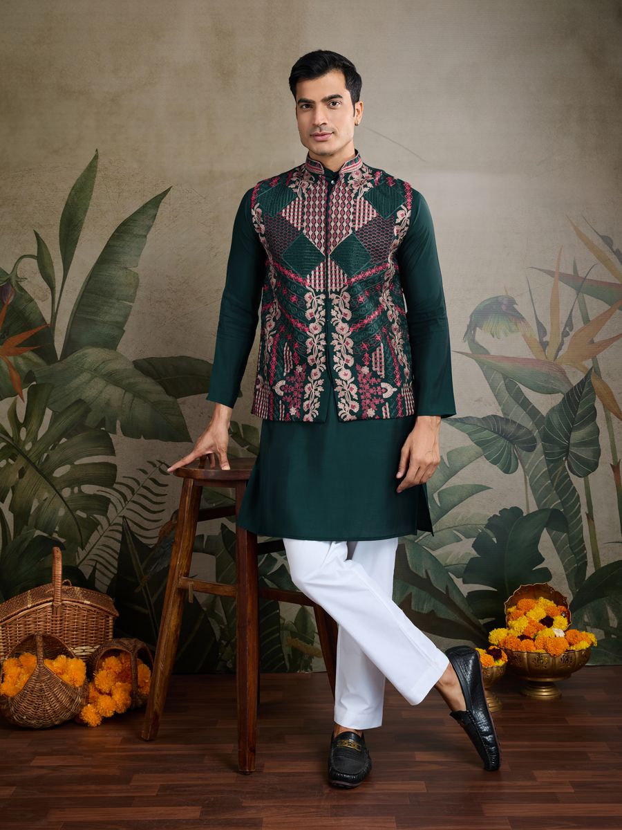 GREEN VISCOSE SILK THREAD & SWAROVSKI EMBOIDERED WORK KURTA KOTI - qivii