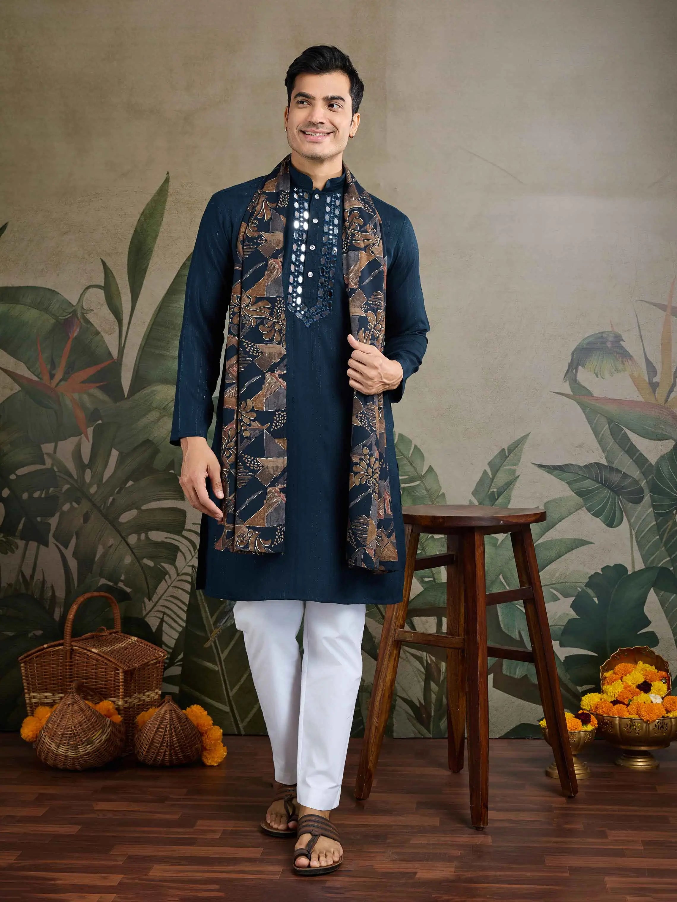 Teal Blue Mirror Work And Zari Work Rayon Kurta With Printed Dupatta & Pant