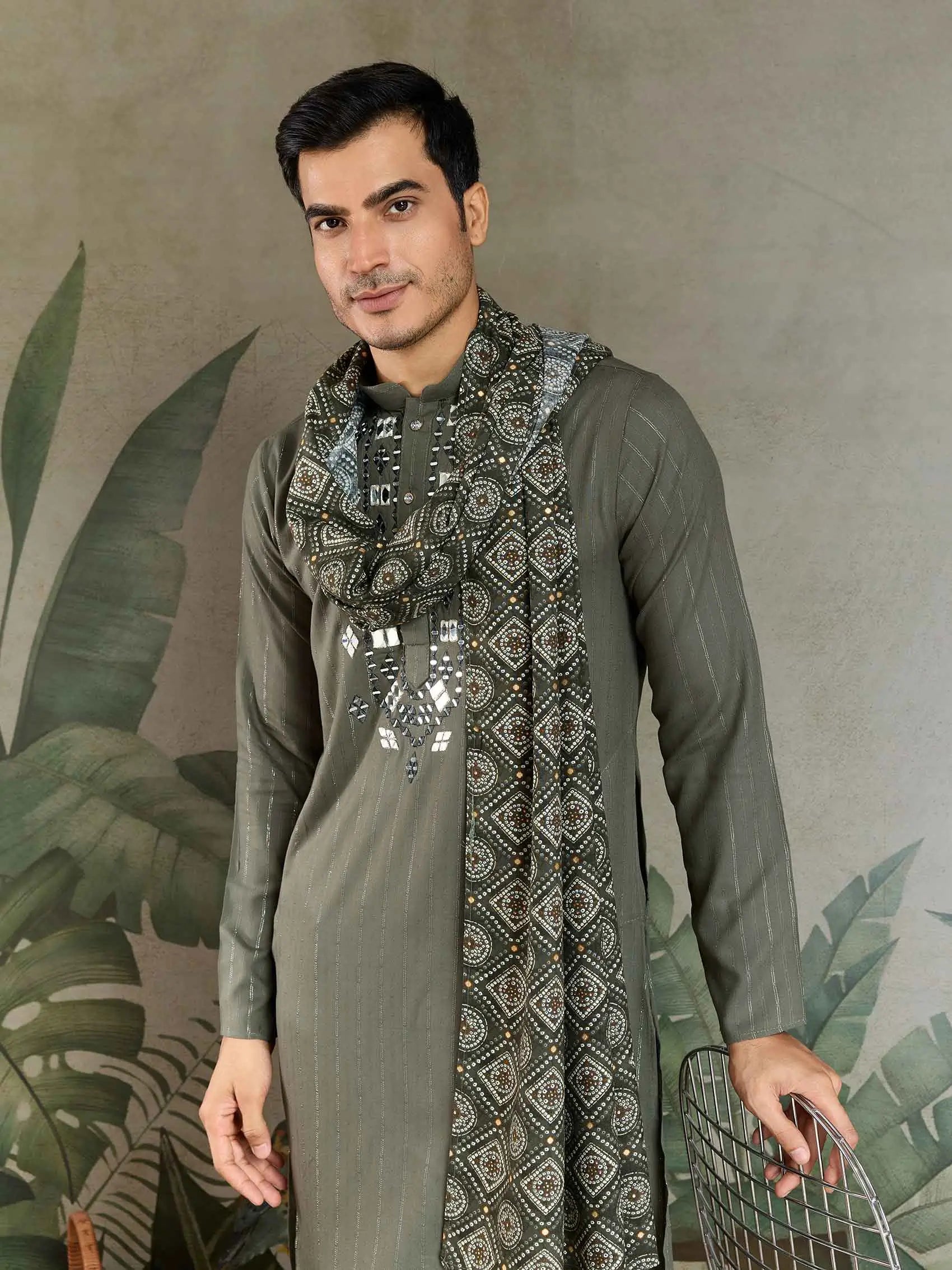 Olive Green Mirror And Zari Weaving Work Kurta With Printed Dupatta - qivii