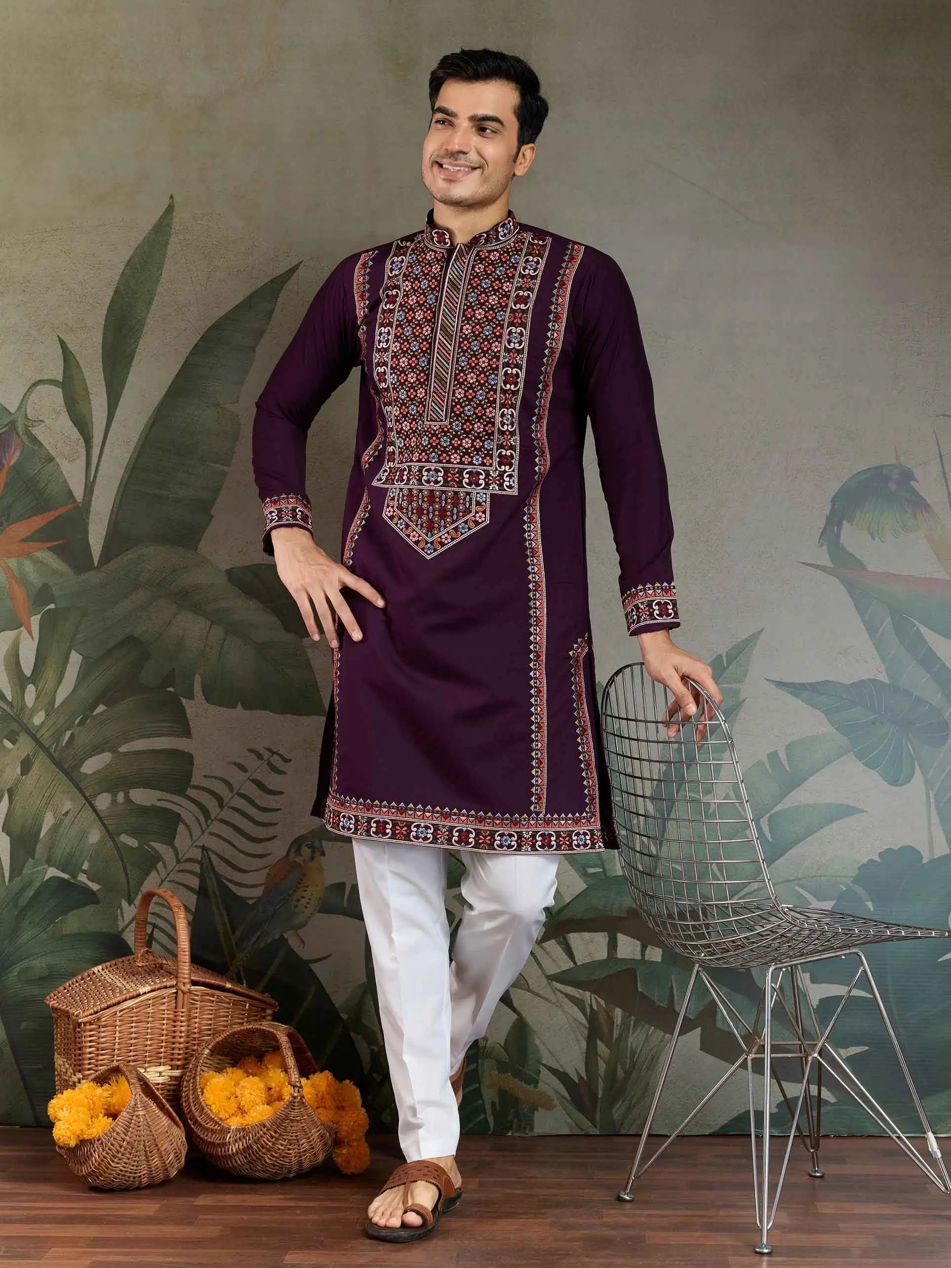 Dark Purple Festive Wear Kurta Set With Multi Thread Sequins Embroidery Work - qivii