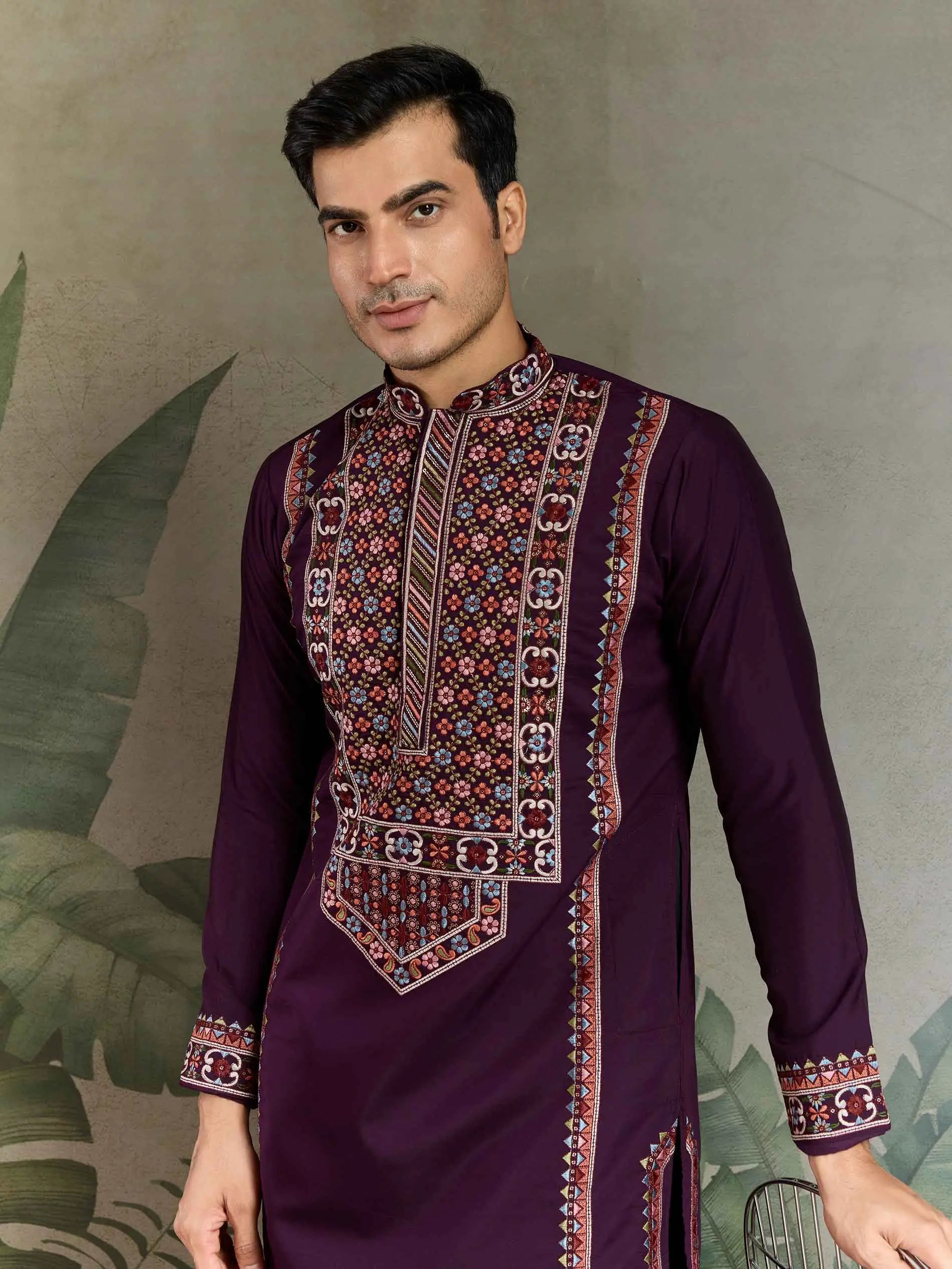 Dark Purple Festive Wear Kurta Set With Multi Thread Sequins Embroidery Work - qivii