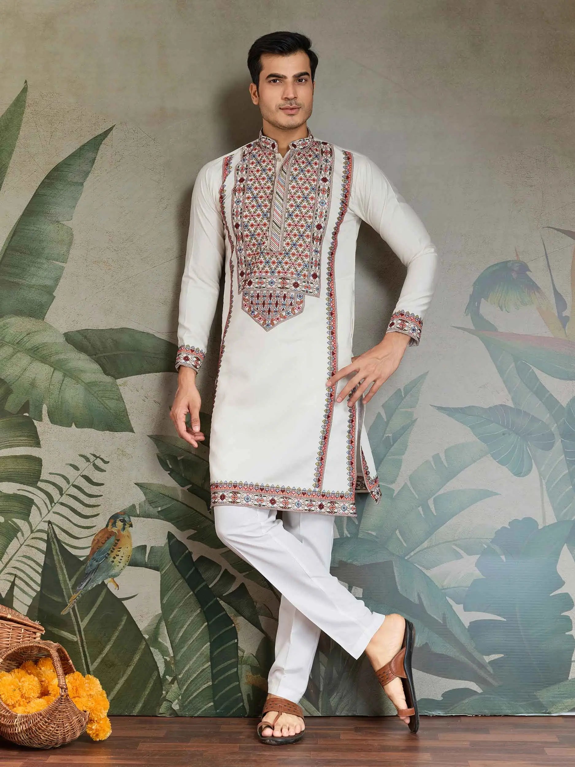 White Festive Wear Kurta Set With Multi Thread Sequins Embroidery Work - qivii