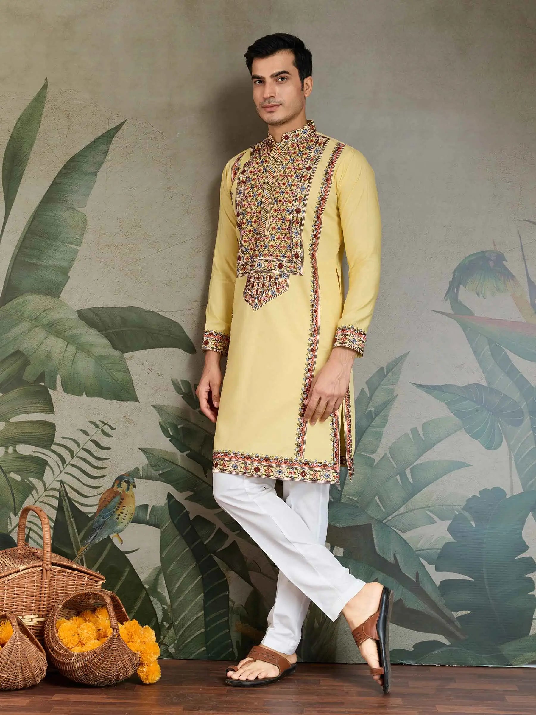 Yellow Festive Wear Kurta Set With Multi Thread Sequins Embroidery Work - qivii