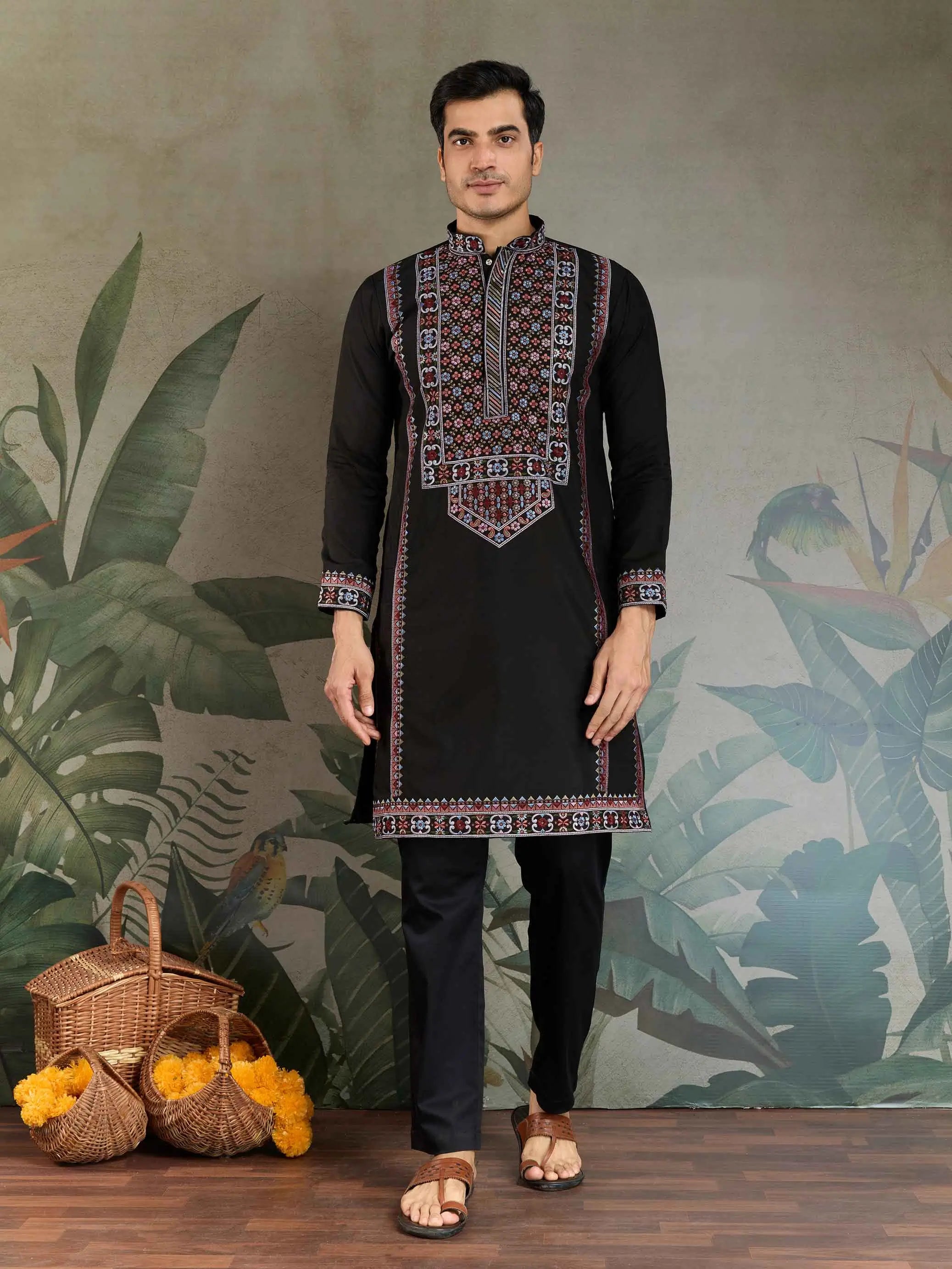 Black Festive Wear Kurta Set With Multi Thread Sequins Embroidery Work - qivii