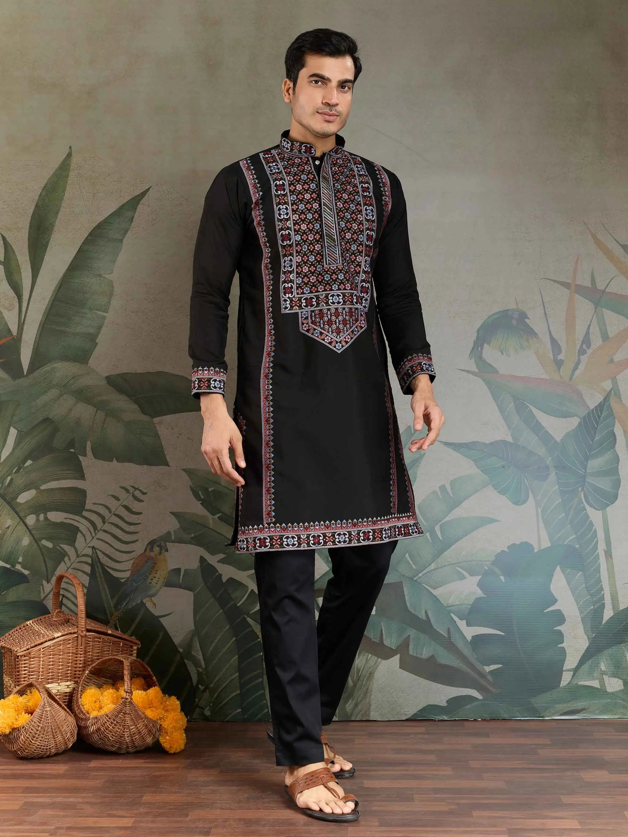 Black Festive Wear Kurta Set With Multi Thread Sequins Embroidery Work - qivii
