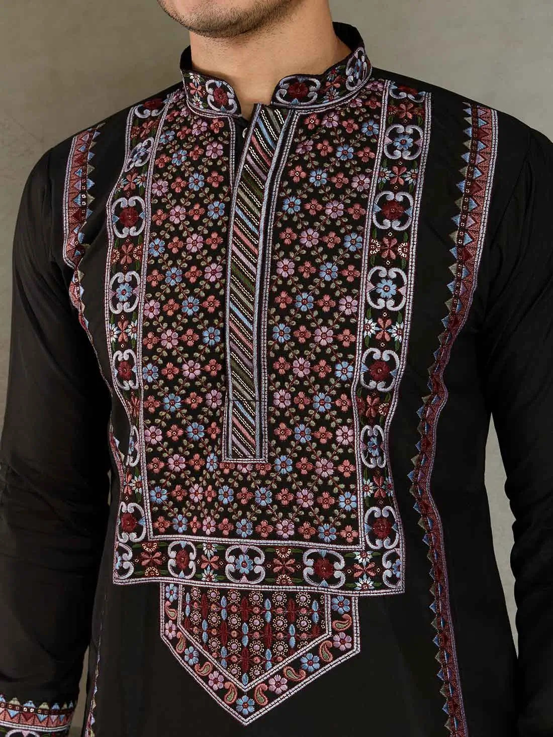 Black Festive Wear Kurta Set With Multi Thread Sequins Embroidery Work - qivii