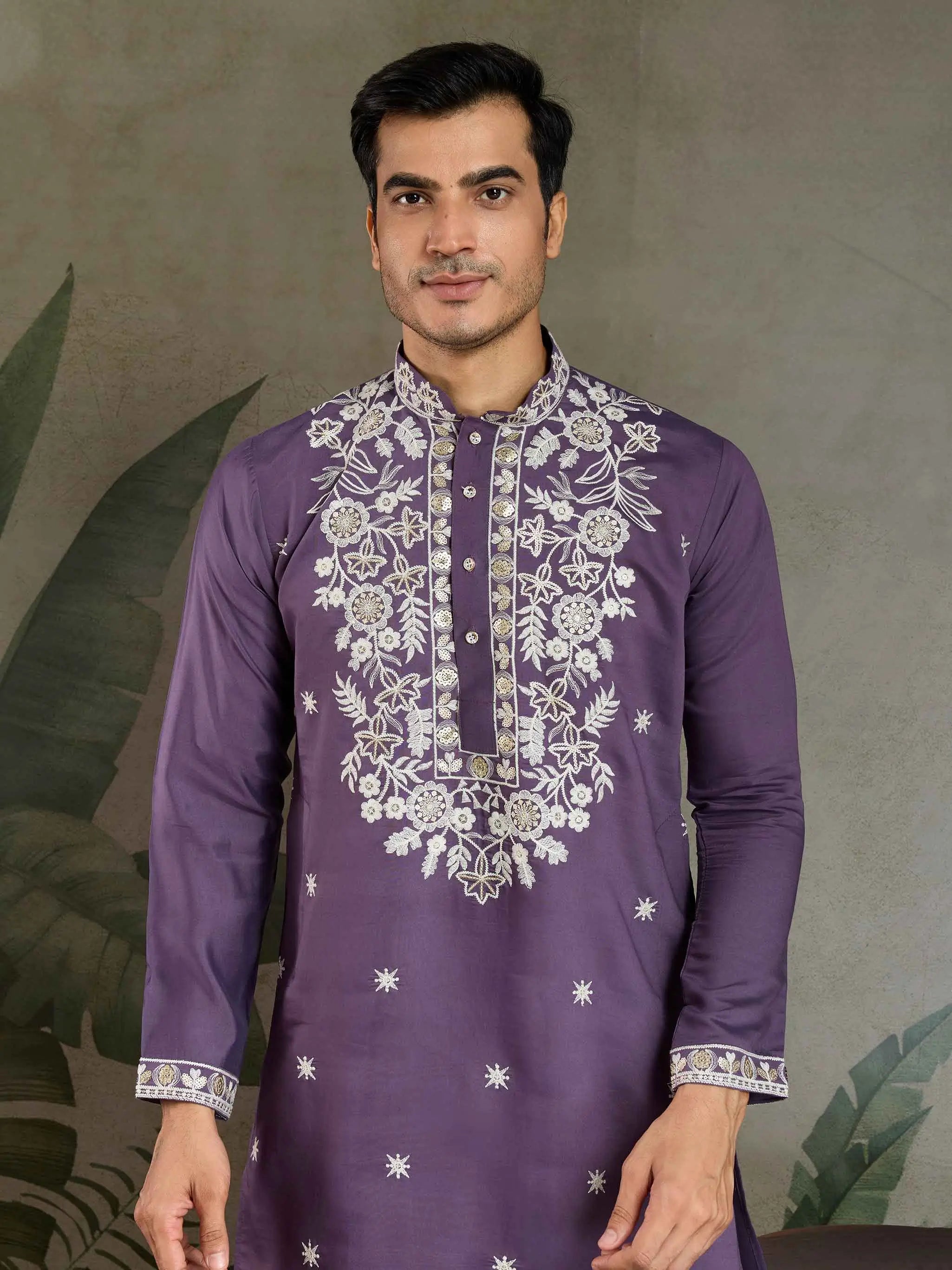 Pastel Purple Thread & Sequins Embroidery Work Rayon Kurta With Pant - qivii