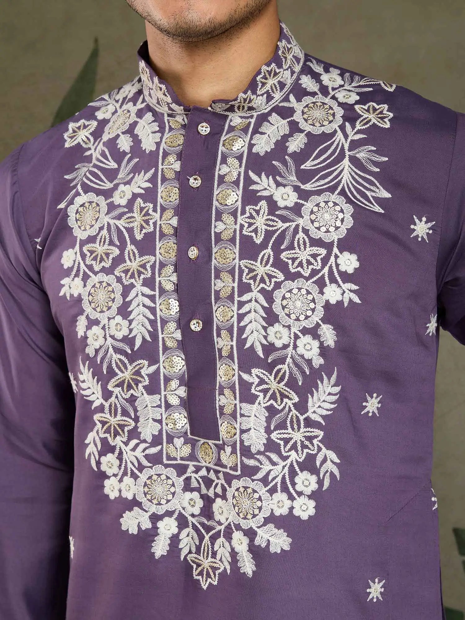Pastel Purple Thread & Sequins Embroidery Work Rayon Kurta With Pant - qivii