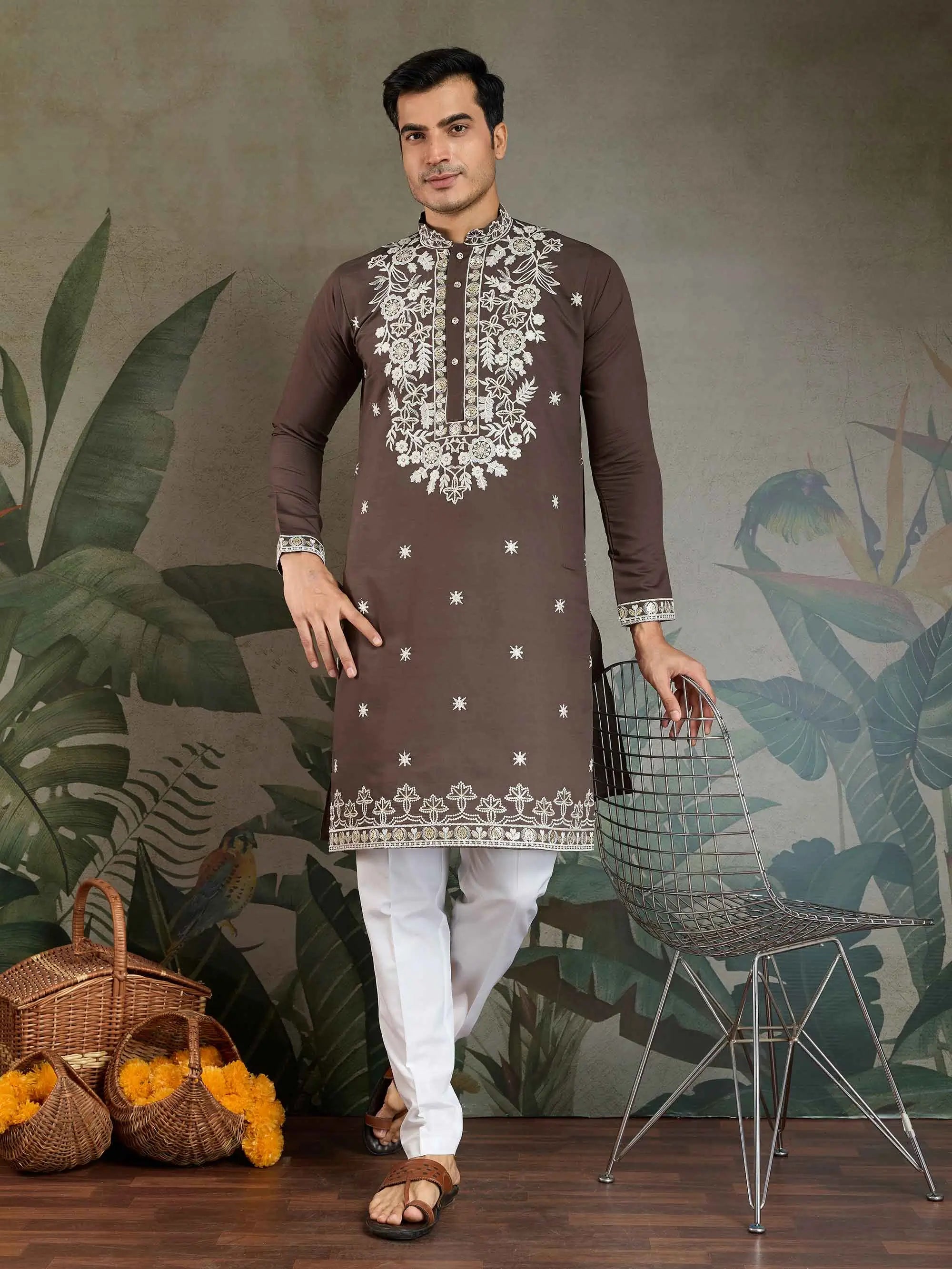 Chocolate Grey Thread & Sequins Embroidery Work Rayon Kurta With Pant - qivii