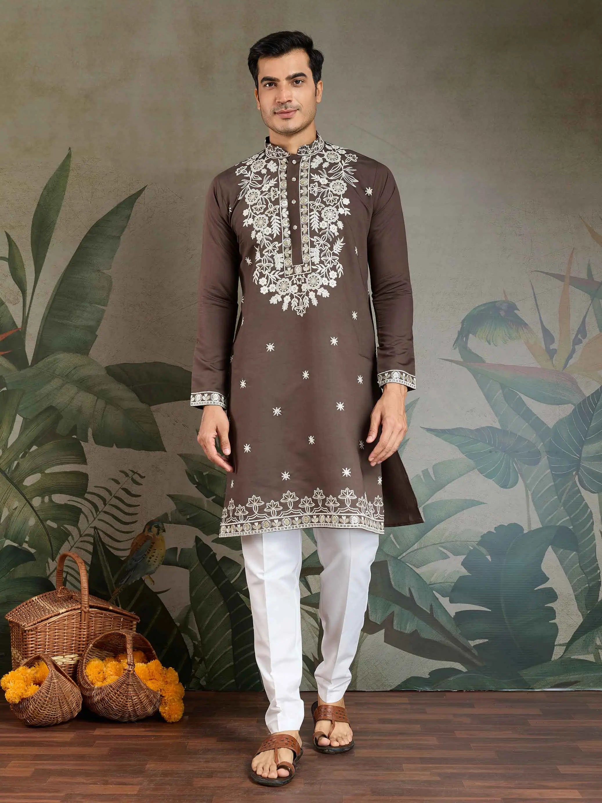 Chocolate Grey Thread & Sequins Embroidery Work Rayon Kurta With Pant - qivii