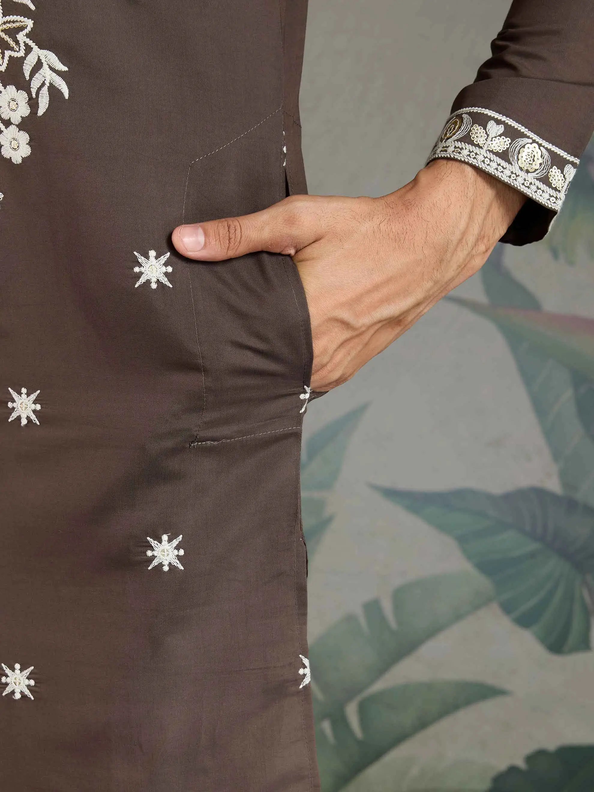 Chocolate Grey Thread & Sequins Embroidery Work Rayon Kurta With Pant - qivii