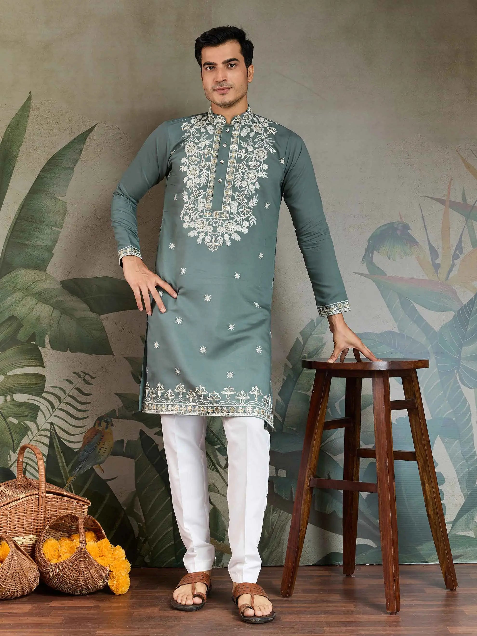 Pastel Pista Thread & Sequins Embroidery Work Rayon Kurta With Pant - qivii
