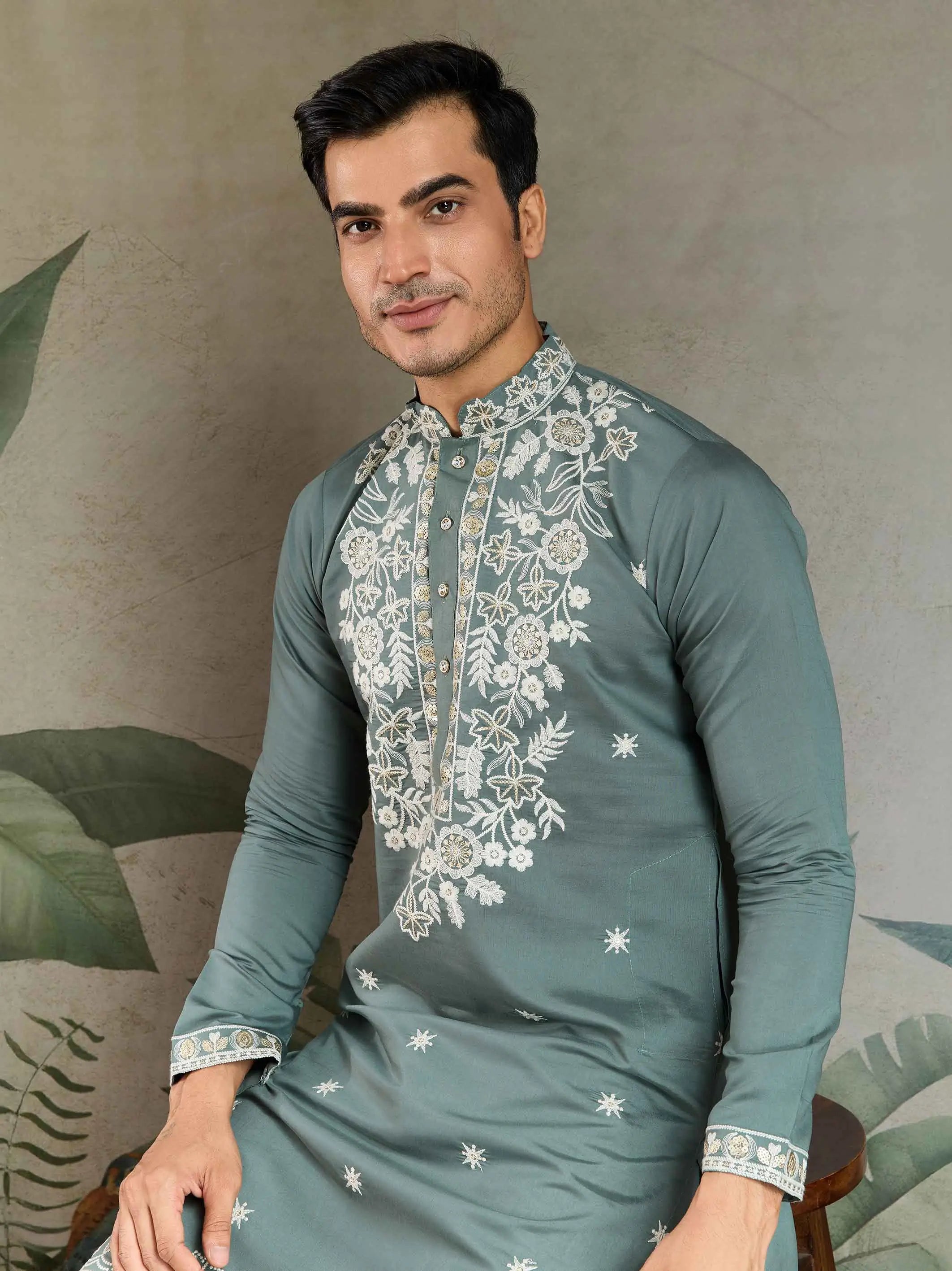 Pastel Pista Thread & Sequins Embroidery Work Rayon Kurta With Pant - qivii