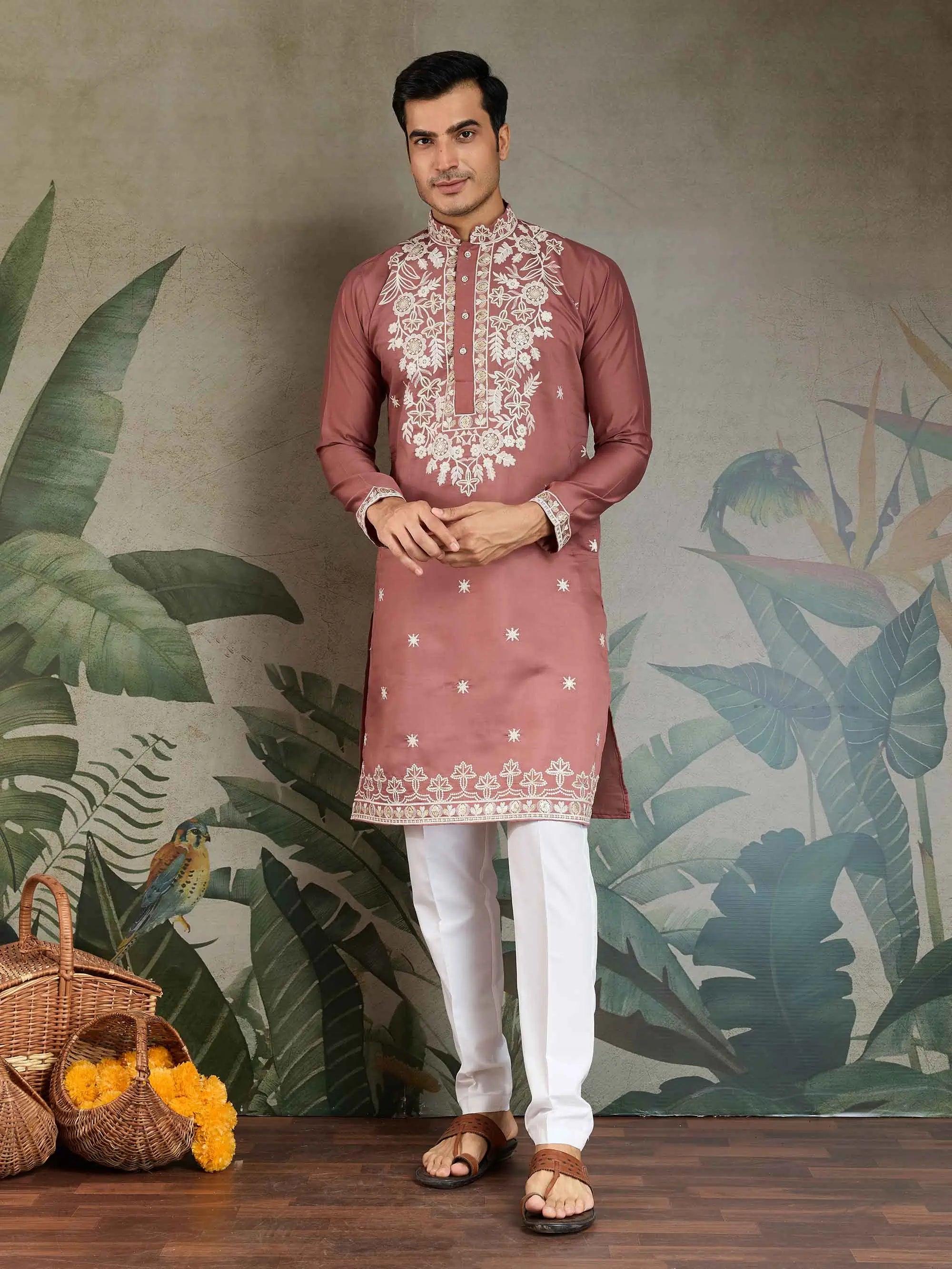 Pinkish Brown Thread & Sequins Embroidery Work Rayon Kurta With Pant - qivii