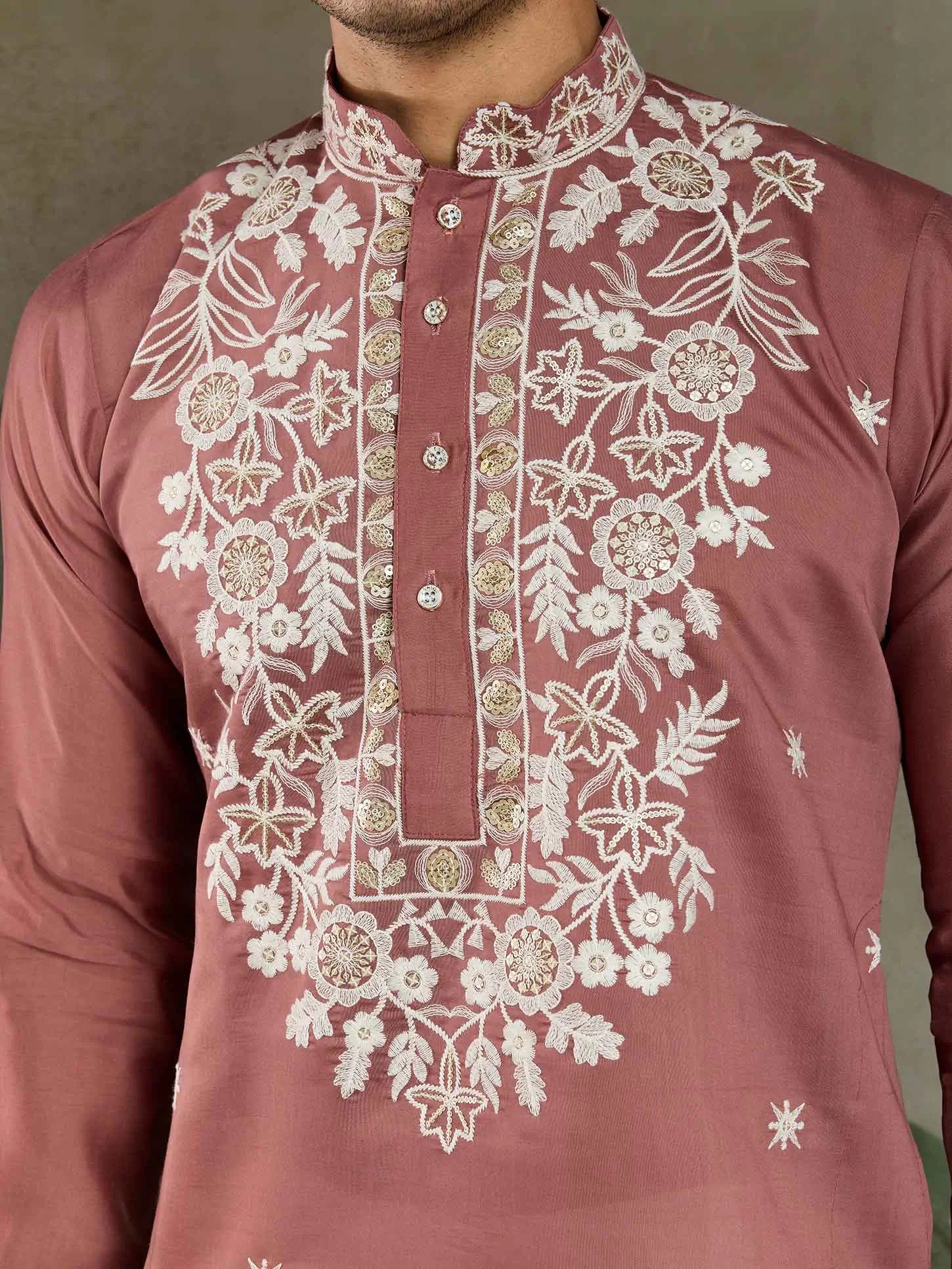 Pinkish Brown Thread & Sequins Embroidery Work Rayon Kurta With Pant - qivii