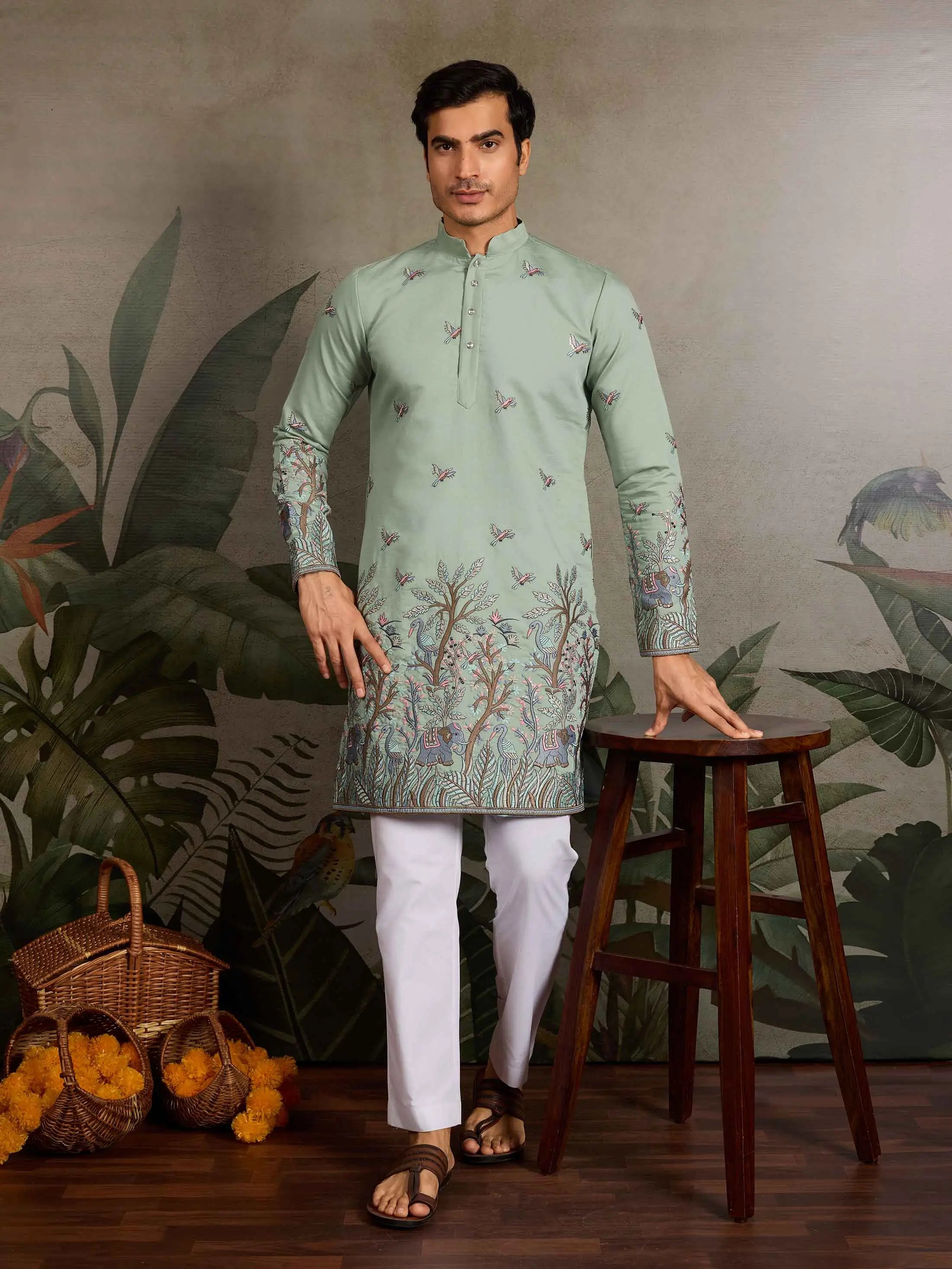 Elegant Pista Kurta Set With Elephant Embroidery Work - qivii
